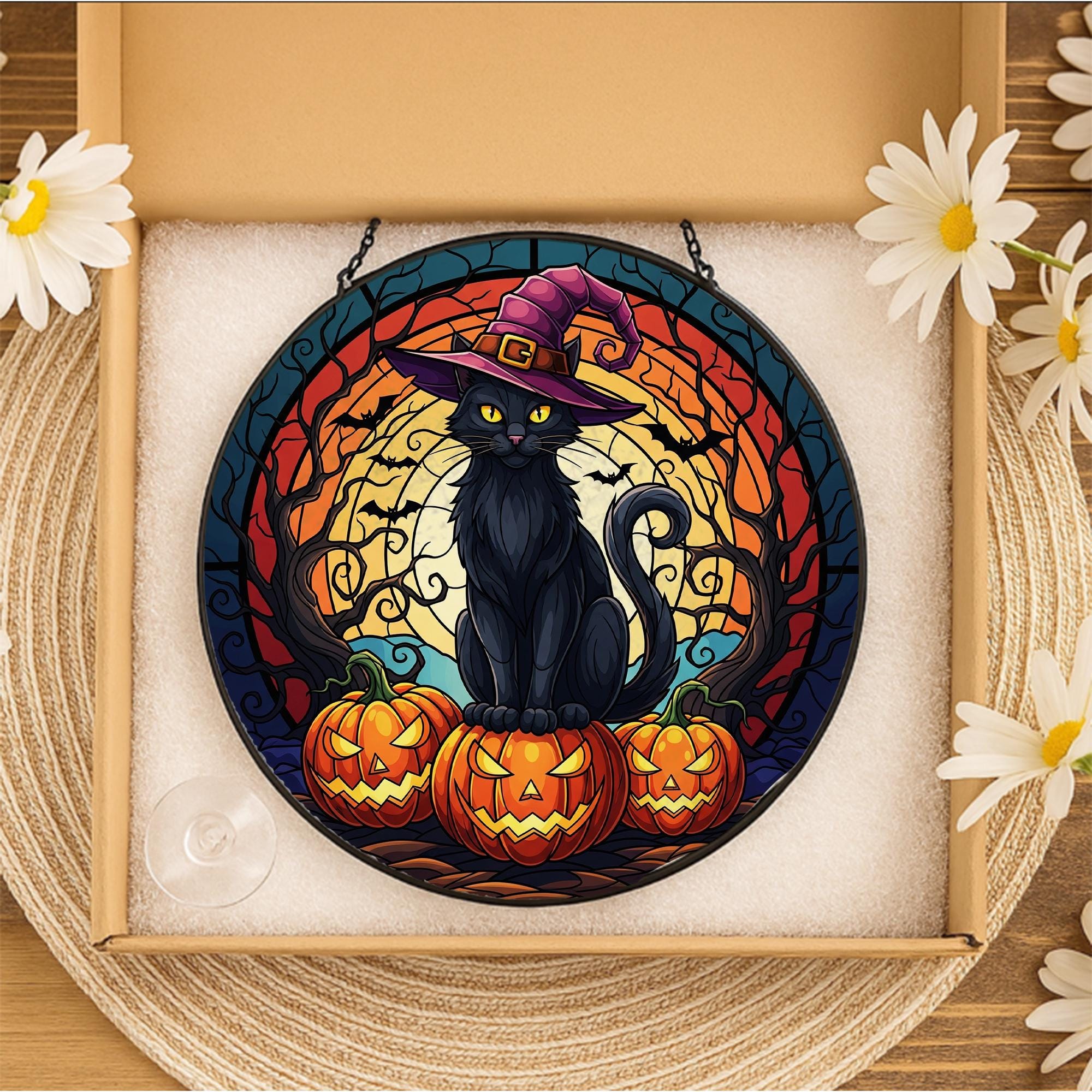 Halloween Cat Suncatcher, Black Cat with Witch Hat and Pumpkins, Spooky Window Decor, Stained Glass Gothic Fall Ornament