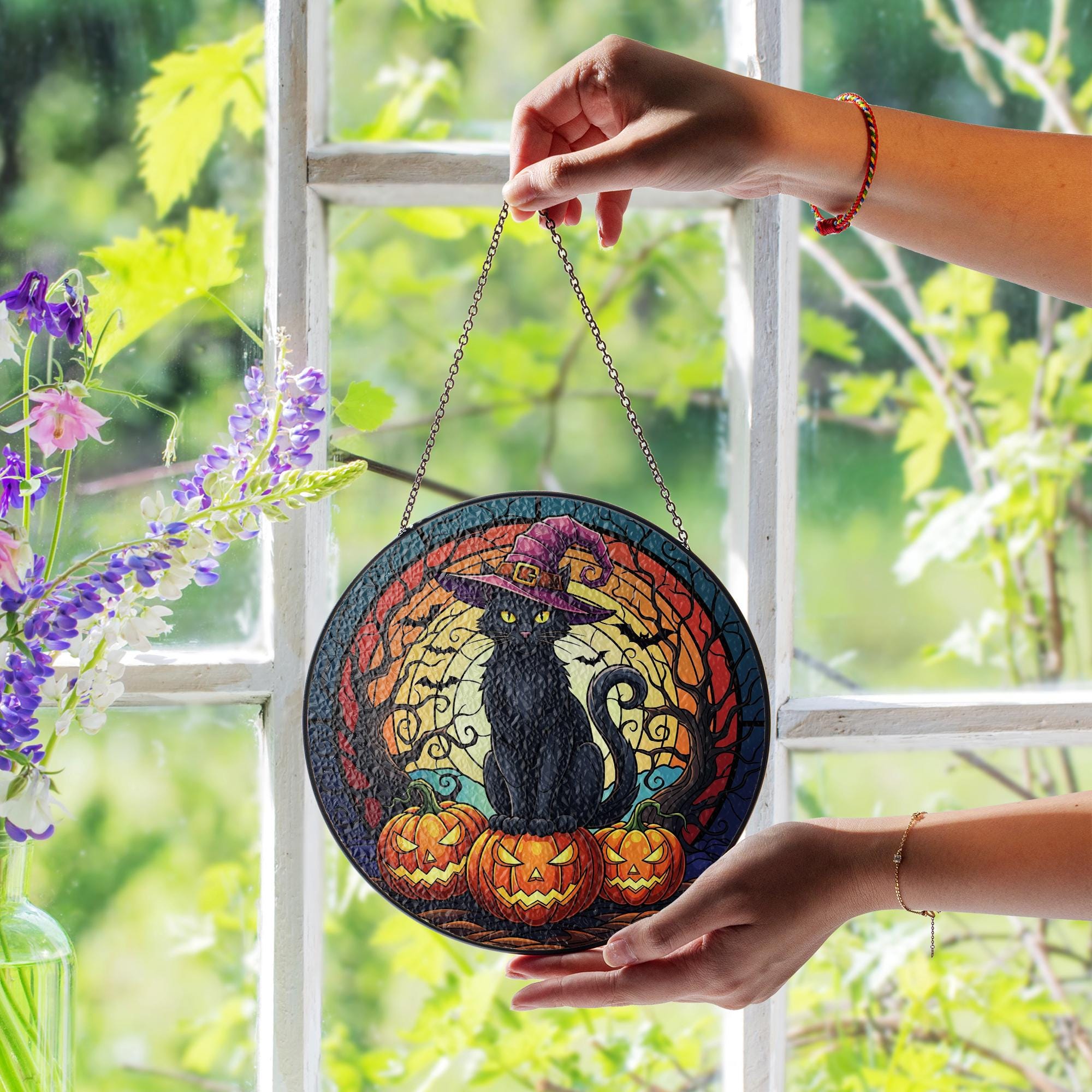 Halloween Cat Suncatcher, Black Cat with Witch Hat and Pumpkins, Spooky Window Decor, Stained Glass Gothic Fall Ornament