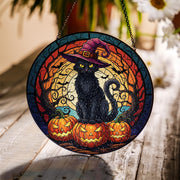 Halloween Cat Suncatcher, Black Cat with Witch Hat and Pumpkins, Spooky Window Decor, Stained Glass Gothic Fall Ornament