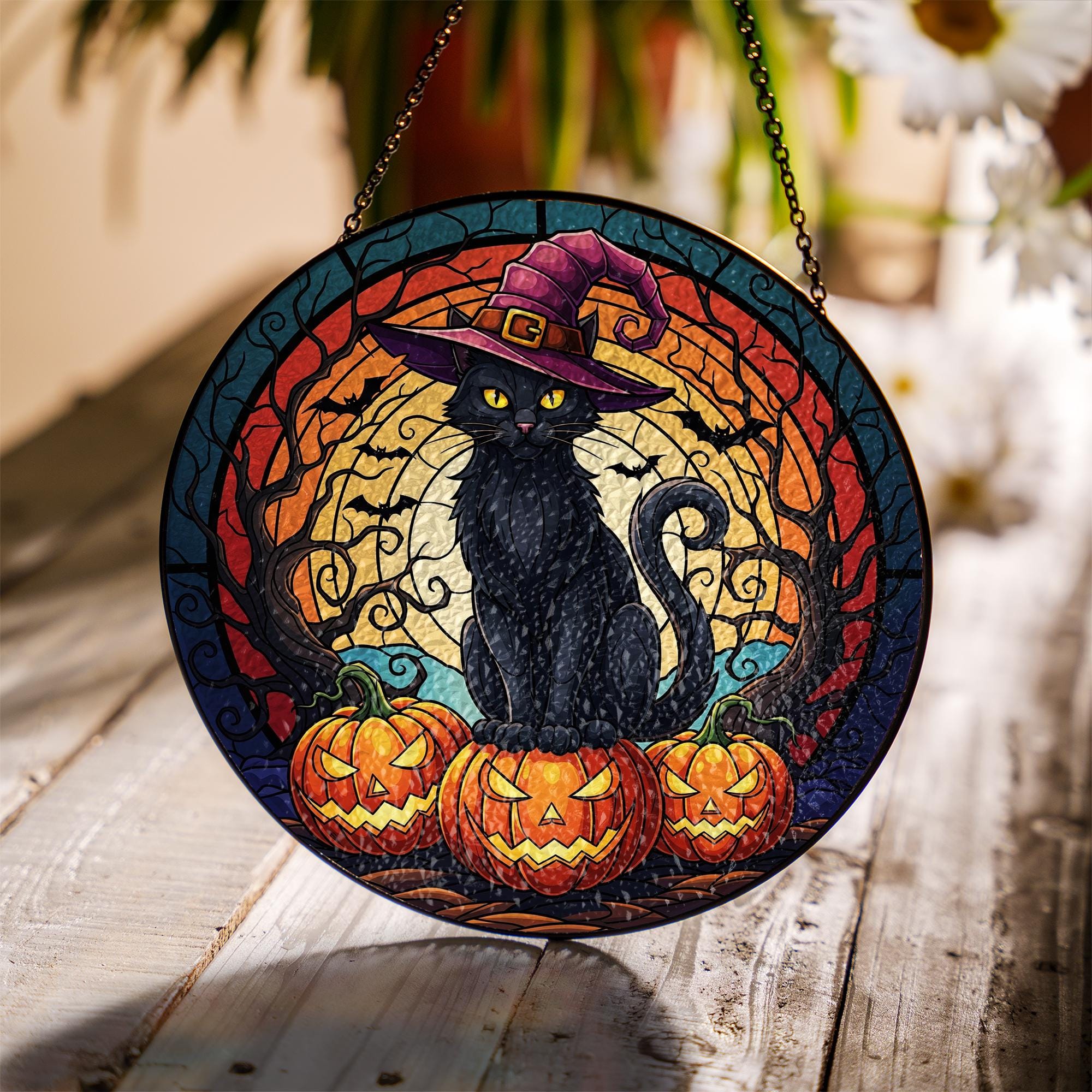 Halloween Cat Suncatcher, Black Cat with Witch Hat and Pumpkins, Spooky Window Decor, Stained Glass Gothic Fall Ornament