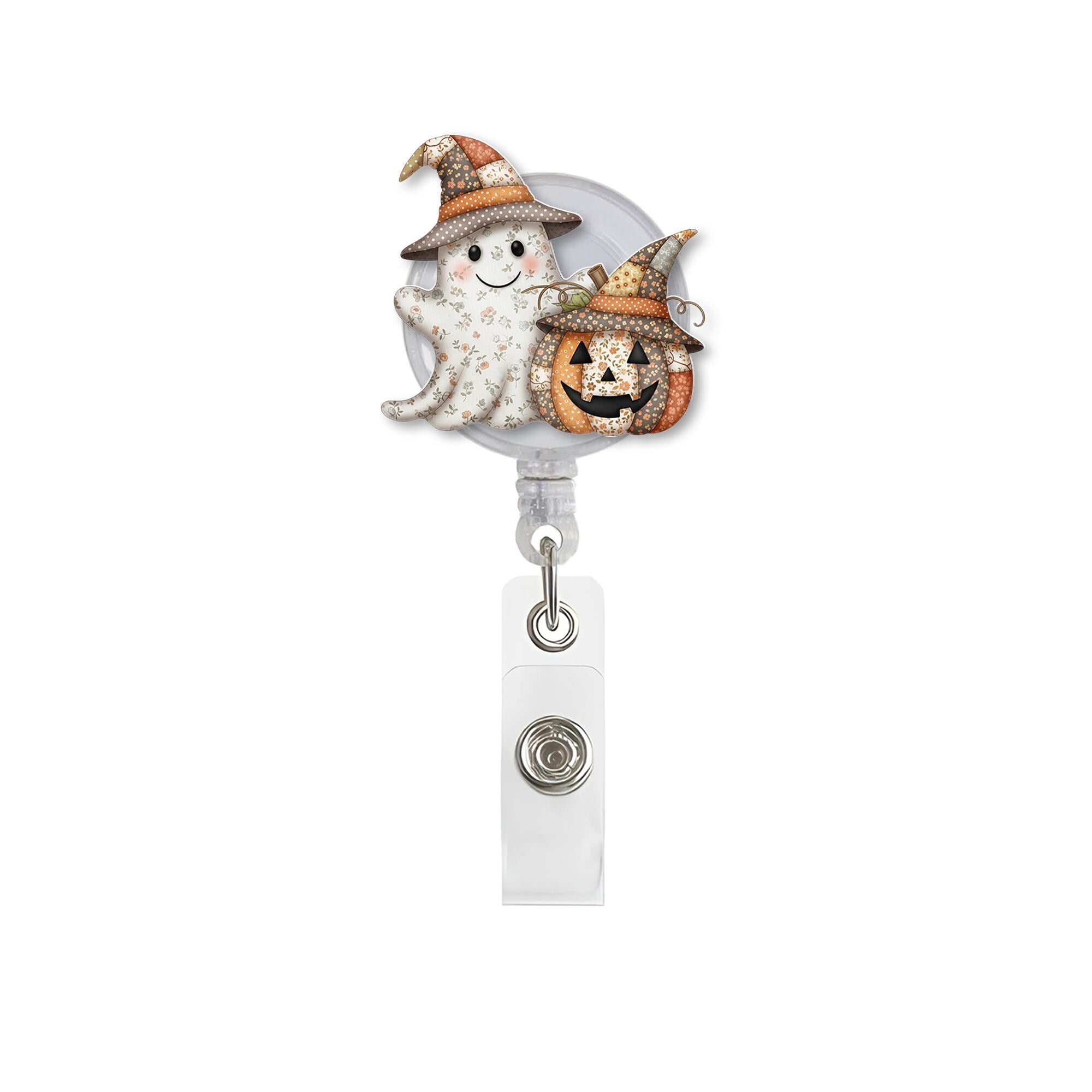 Cute Halloween Ghost & Pumpkin Badge Reel, Ghost Jack‑o’‑lantern ID Holder, Spooky Fall Nurse Badge Accessory