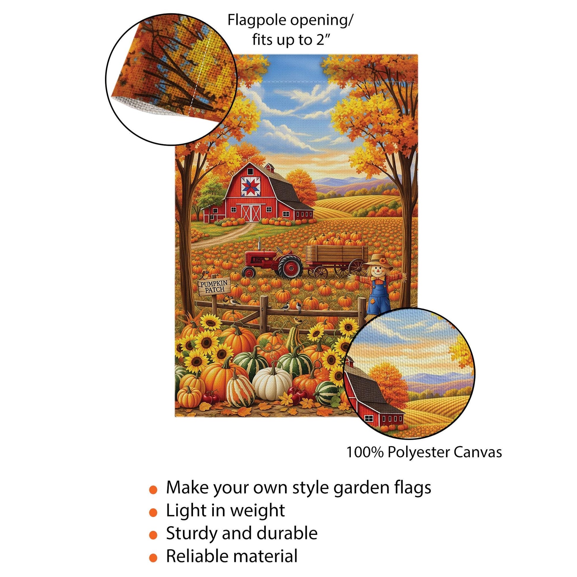 Fall Pumpkin Patch Garden Flag – Autumn Barn Farm Scene Yard Flag, Harvest Tractor & Scarecrow Outdoor Seasonal Decor