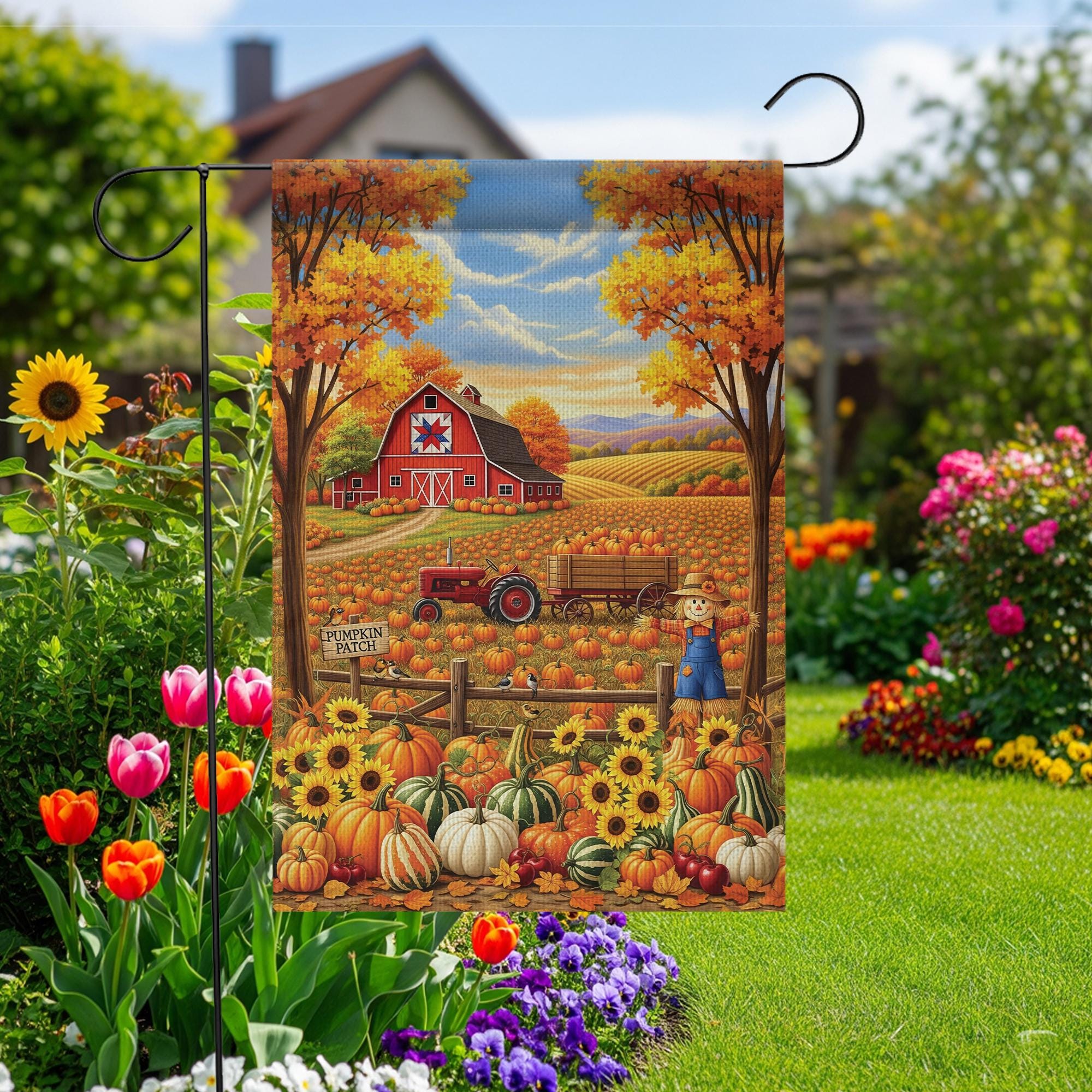 Fall Pumpkin Patch Garden Flag – Autumn Barn Farm Scene Yard Flag, Harvest Tractor & Scarecrow Outdoor Seasonal Decor