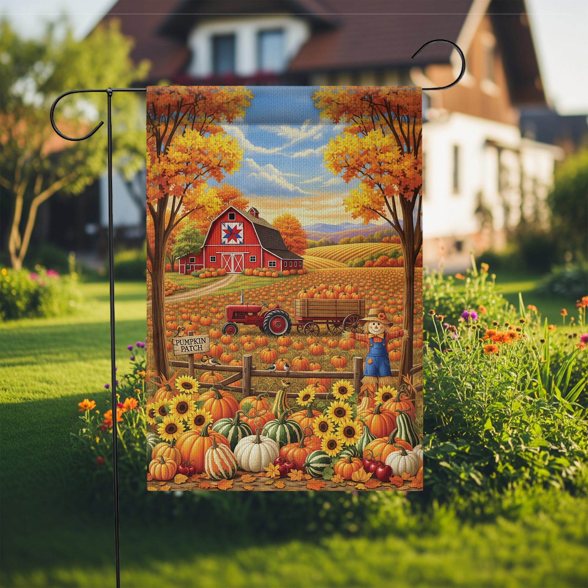 Fall Pumpkin Patch Garden Flag – Autumn Barn Farm Scene Yard Flag, Harvest Tractor & Scarecrow Outdoor Seasonal Decor
