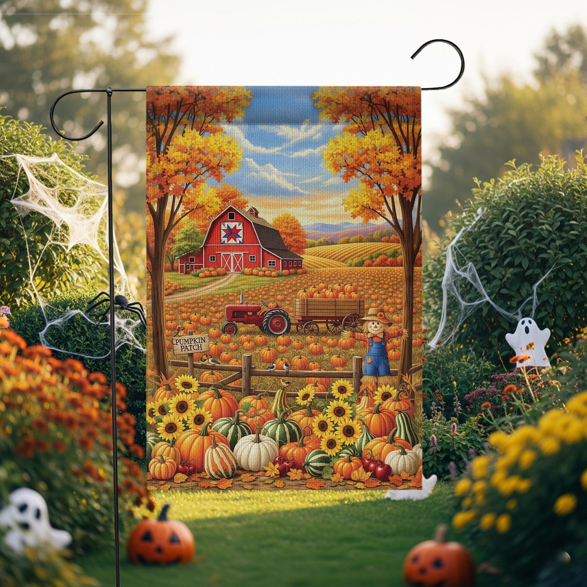 Fall Pumpkin Patch Garden Flag – Autumn Barn Farm Scene Yard Flag, Harvest Tractor & Scarecrow Outdoor Seasonal Decor