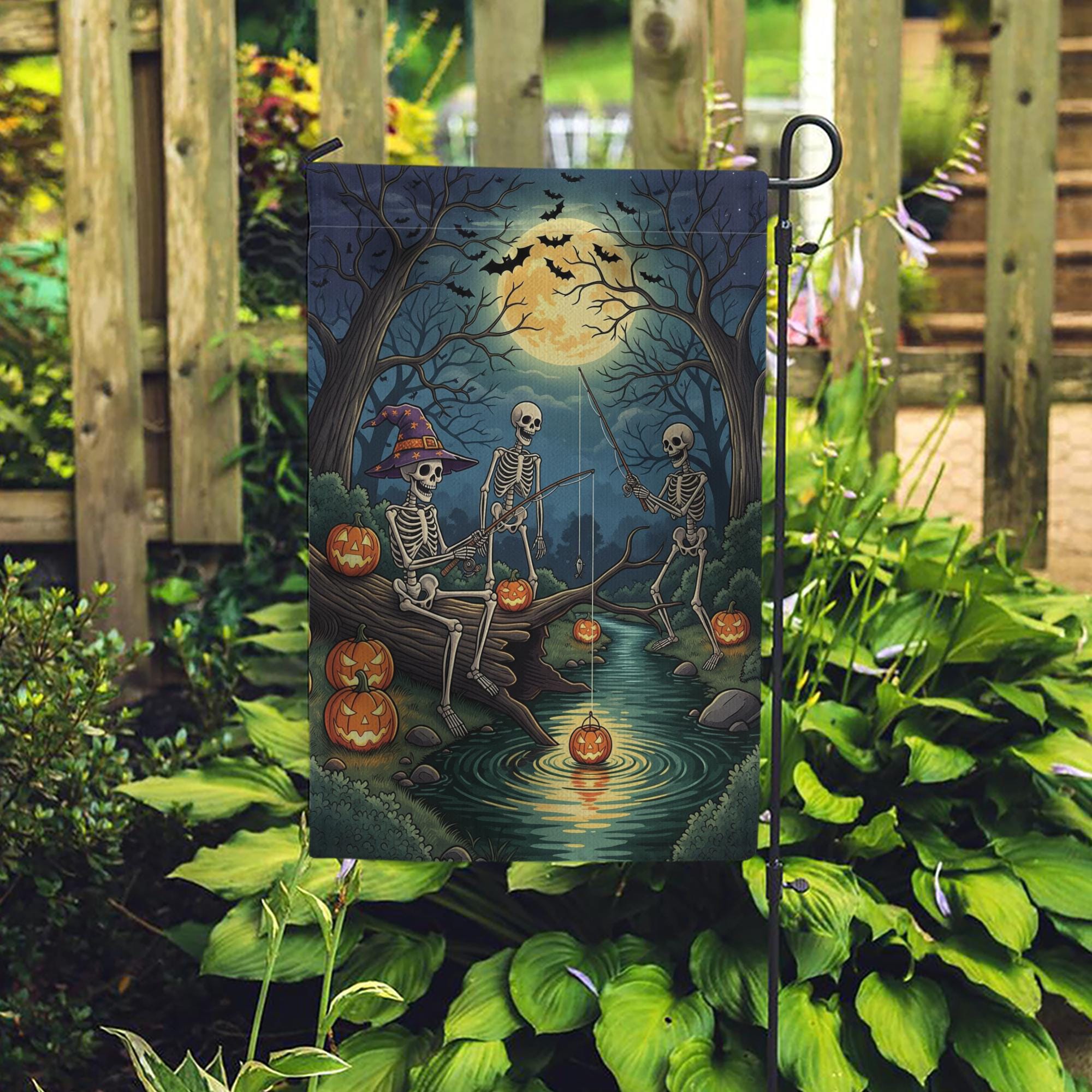 Skeleton Fishing Halloween Garden Flag – Spooky Moonlight Pumpkin Yard Flag, Creepy Skeletons Outdoor Halloween Decor
