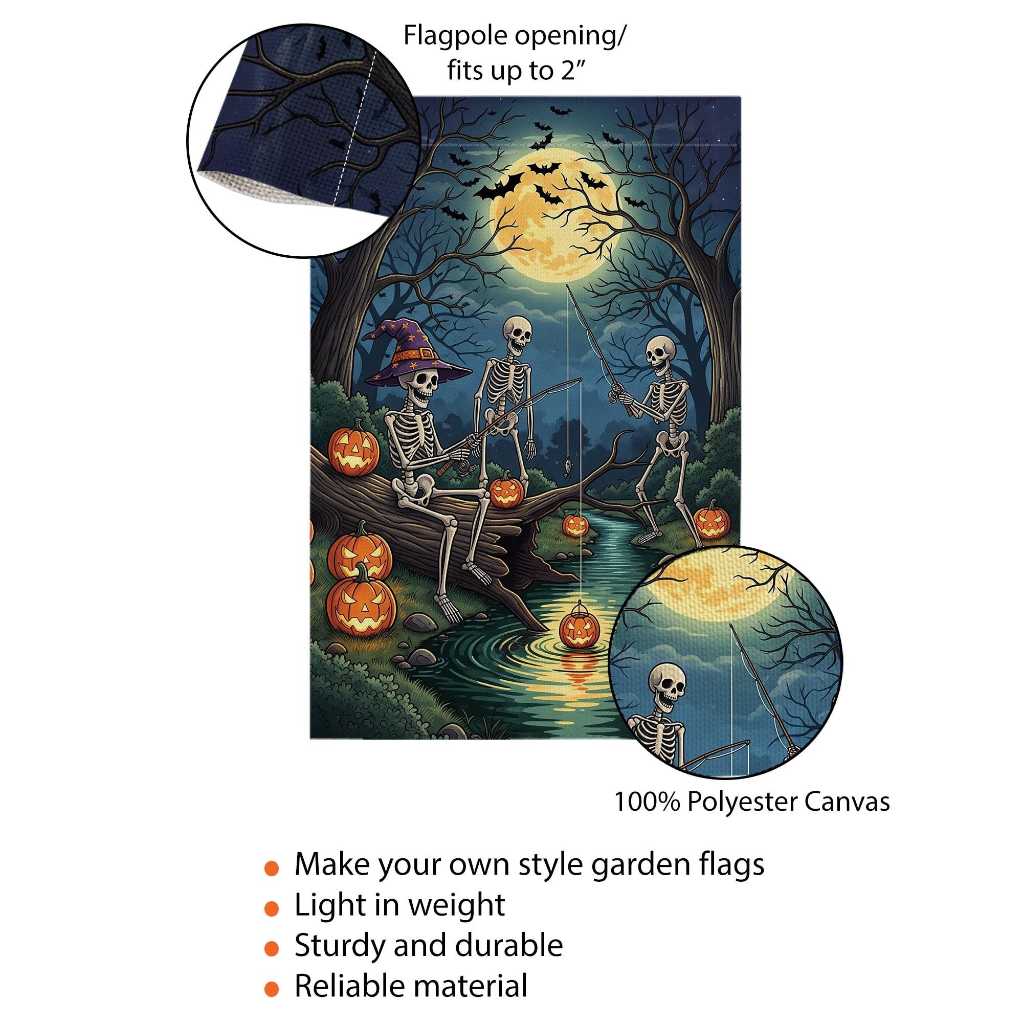Skeleton Fishing Halloween Garden Flag – Spooky Moonlight Pumpkin Yard Flag, Creepy Skeletons Outdoor Halloween Decor
