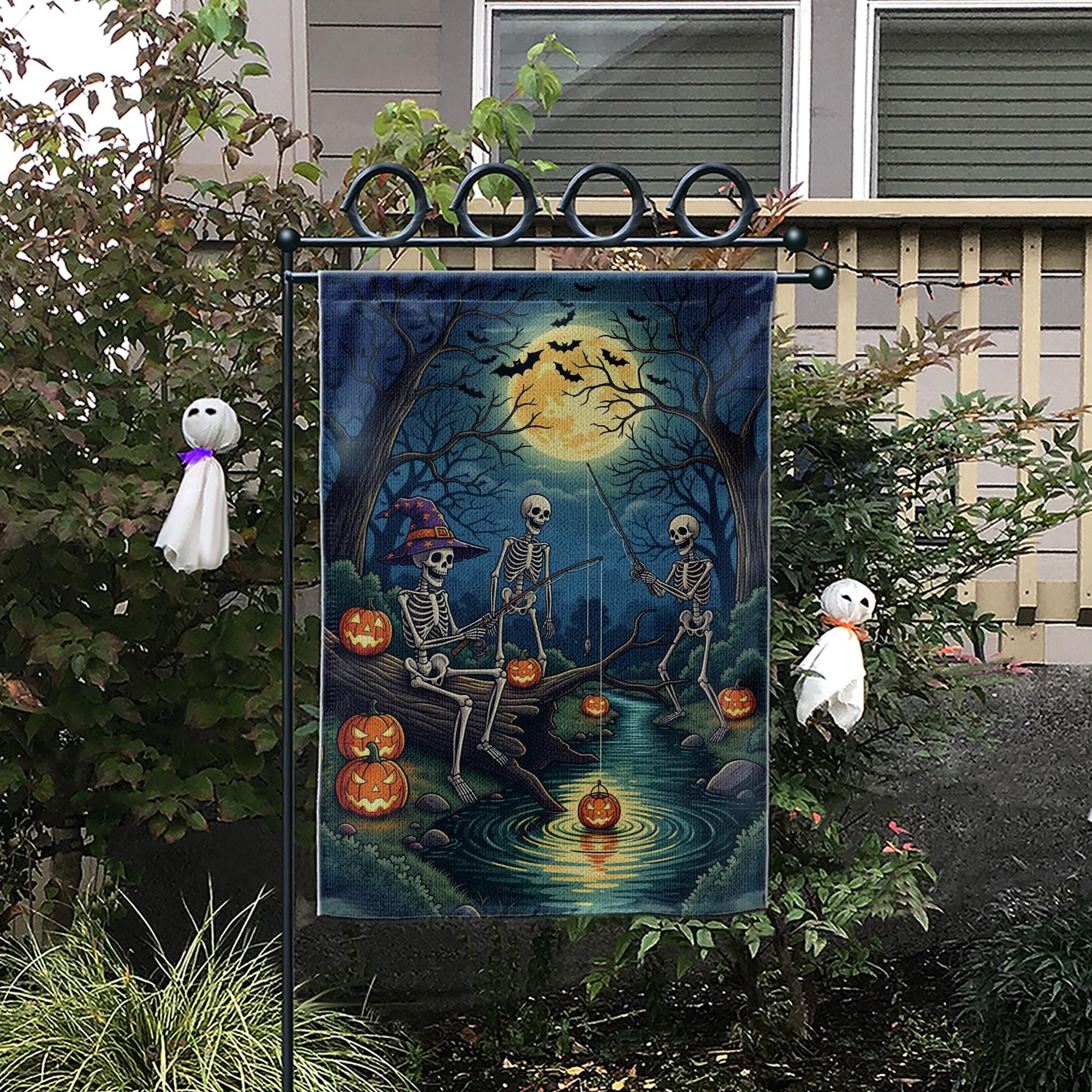 Skeleton Fishing Halloween Garden Flag – Spooky Moonlight Pumpkin Yard Flag, Creepy Skeletons Outdoor Halloween Decor