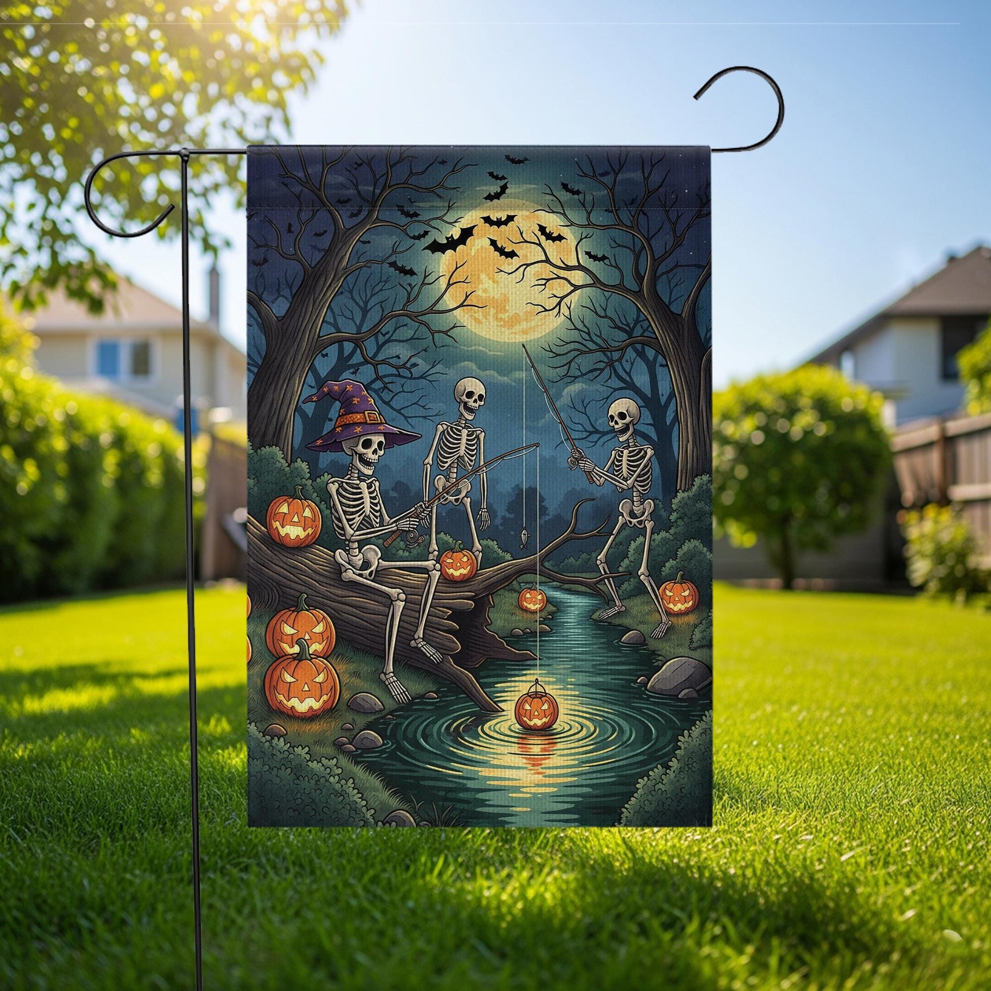 Skeleton Fishing Halloween Garden Flag – Spooky Moonlight Pumpkin Yard Flag, Creepy Skeletons Outdoor Halloween Decor