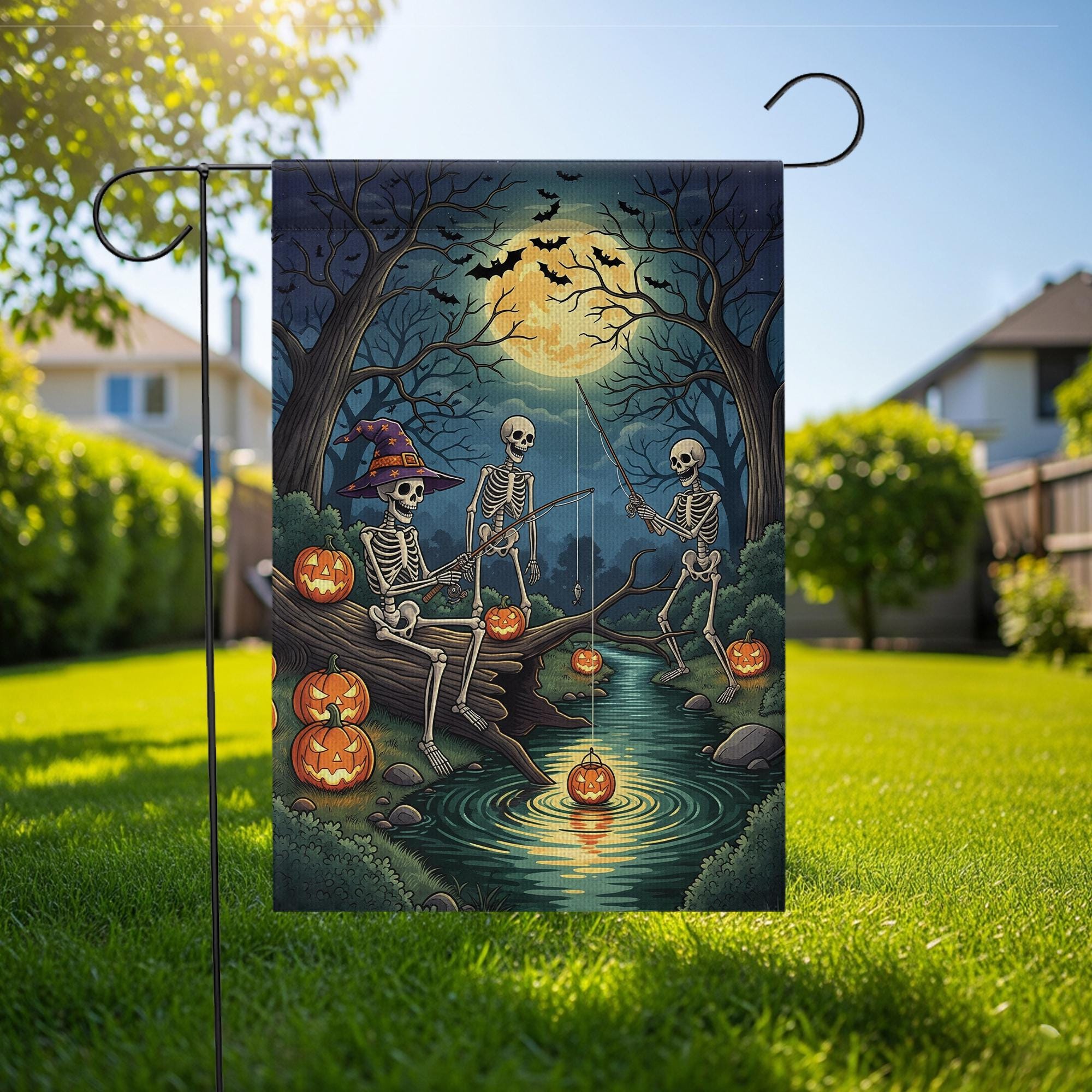 Skeleton Fishing Halloween Garden Flag – Spooky Moonlight Pumpkin Yard Flag, Creepy Skeletons Outdoor Halloween Decor