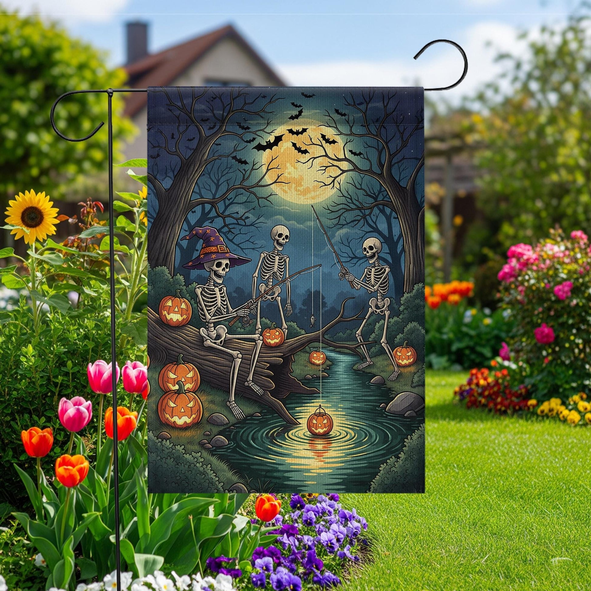 Skeleton Fishing Halloween Garden Flag – Spooky Moonlight Pumpkin Yard Flag, Creepy Skeletons Outdoor Halloween Decor