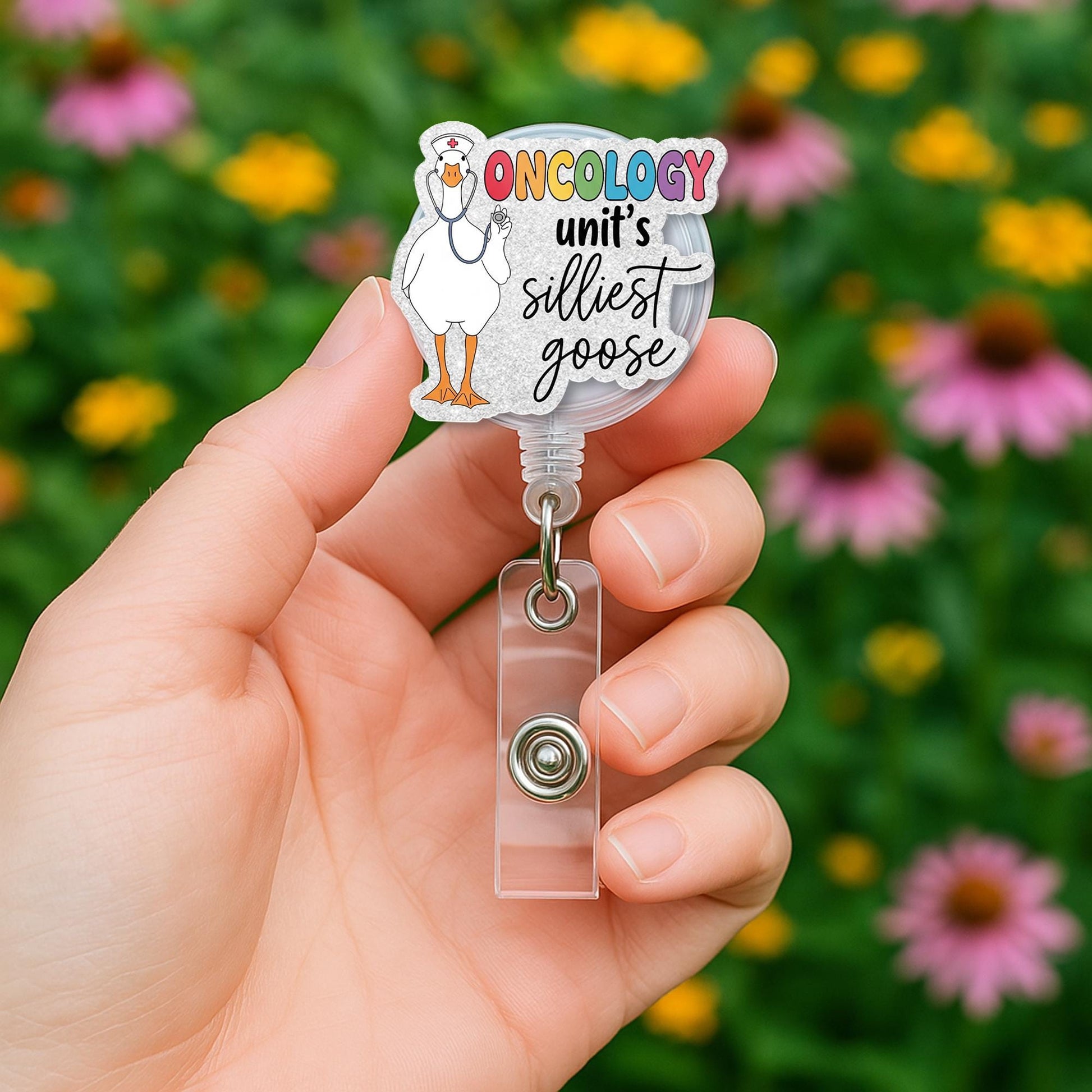 Oncology Unit Silliest Goose Badge Reel | Funny Nurse ID Holder | Cancer Ward Gift for RN | Silly Goose Name Tag Clip for Medical Staff
