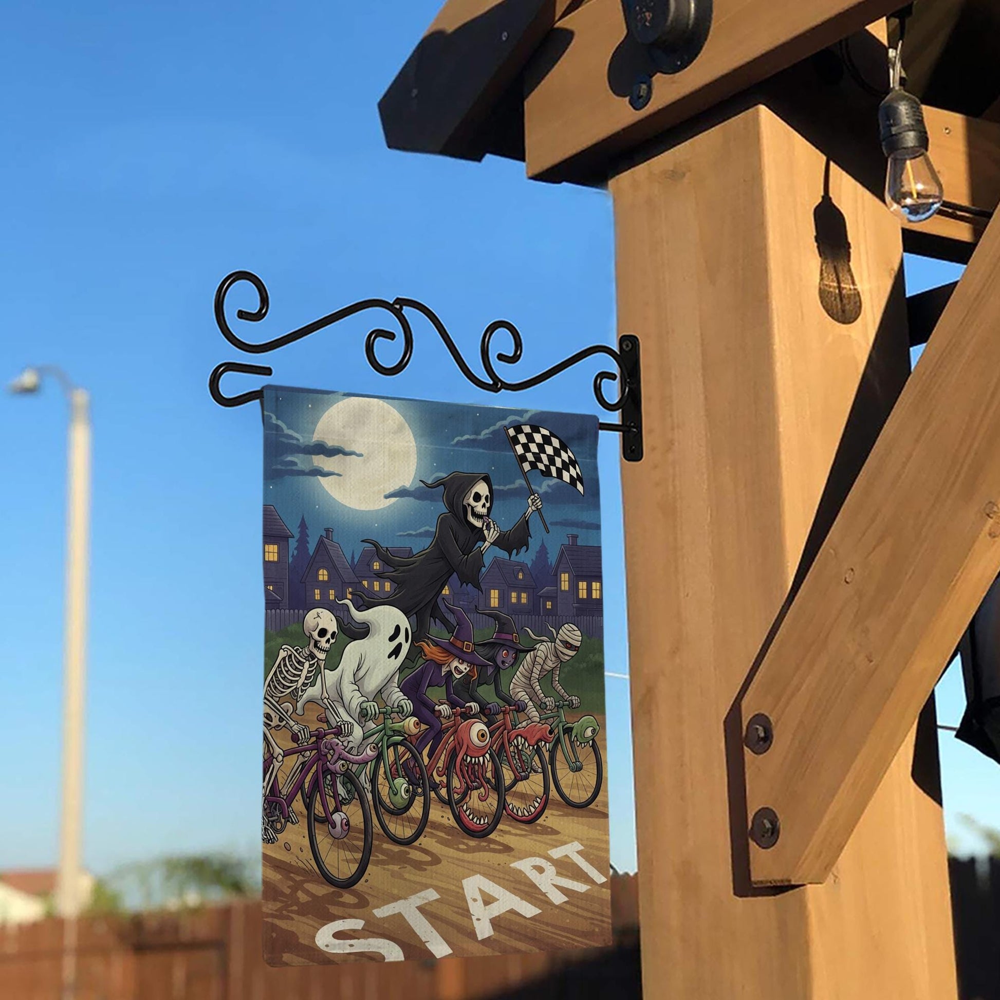 Halloween Bicycle Race Flag – Spooky Skeleton Ghost Witch Monster Bike Racing Garden Flag, Funny Outdoor Halloween Decor