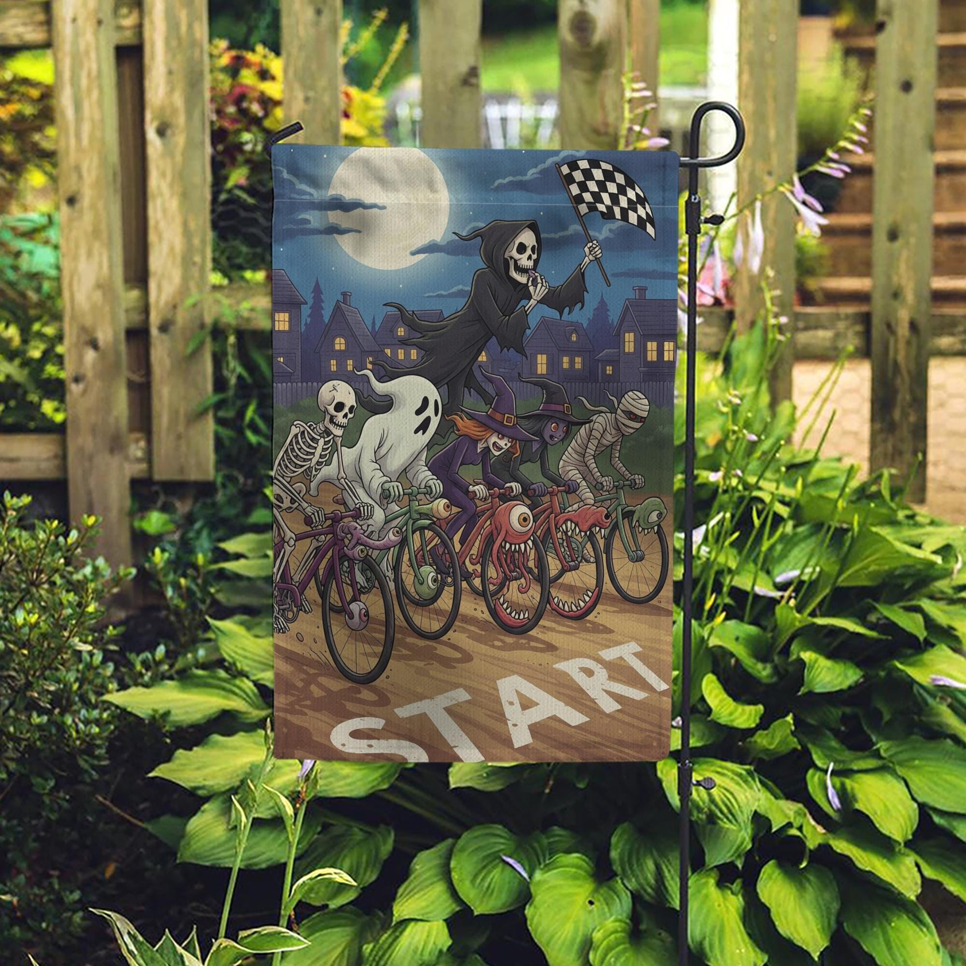Halloween Bicycle Race Flag – Spooky Skeleton Ghost Witch Monster Bike Racing Garden Flag, Funny Outdoor Halloween Decor
