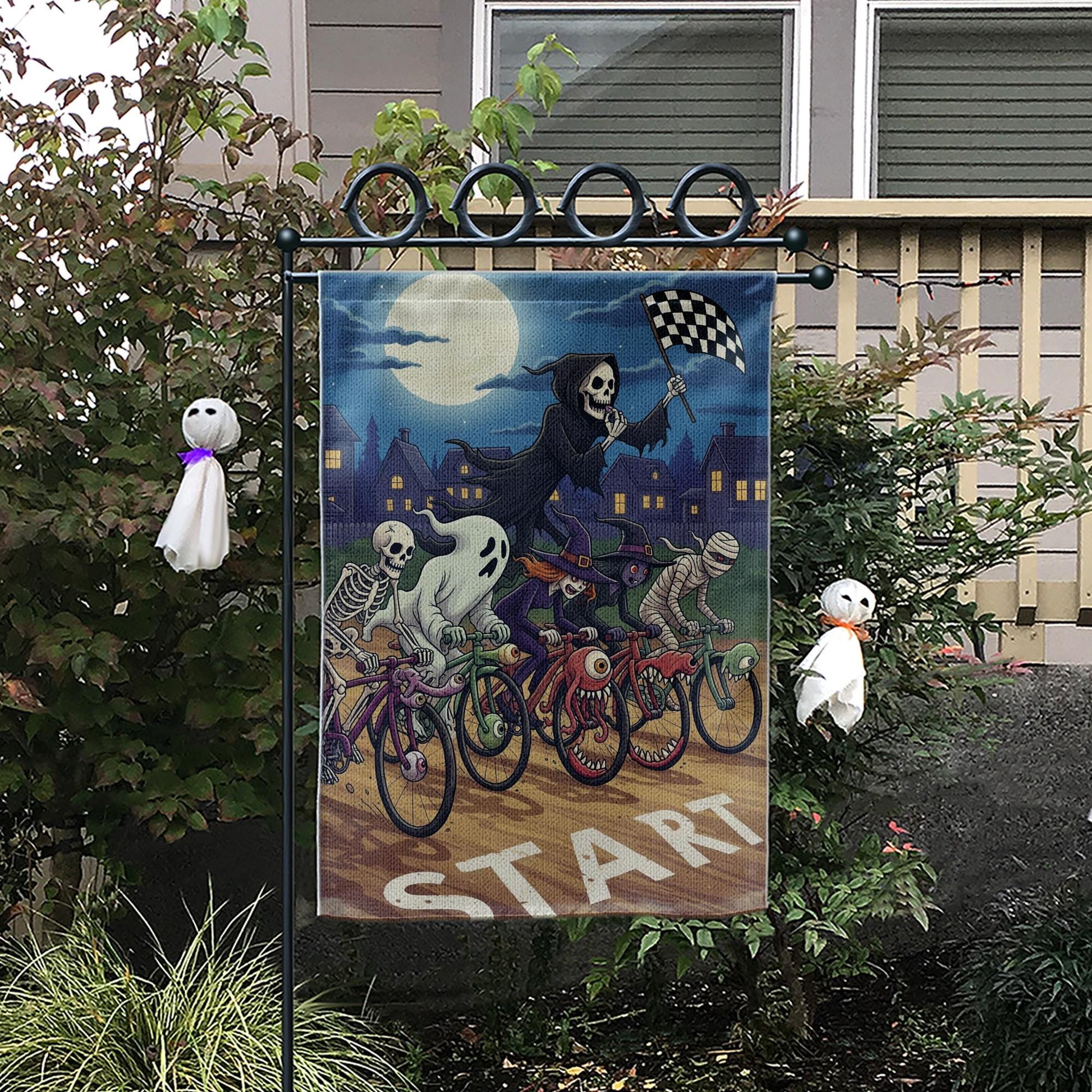 Halloween Bicycle Race Flag – Spooky Skeleton Ghost Witch Monster Bike Racing Garden Flag, Funny Outdoor Halloween Decor