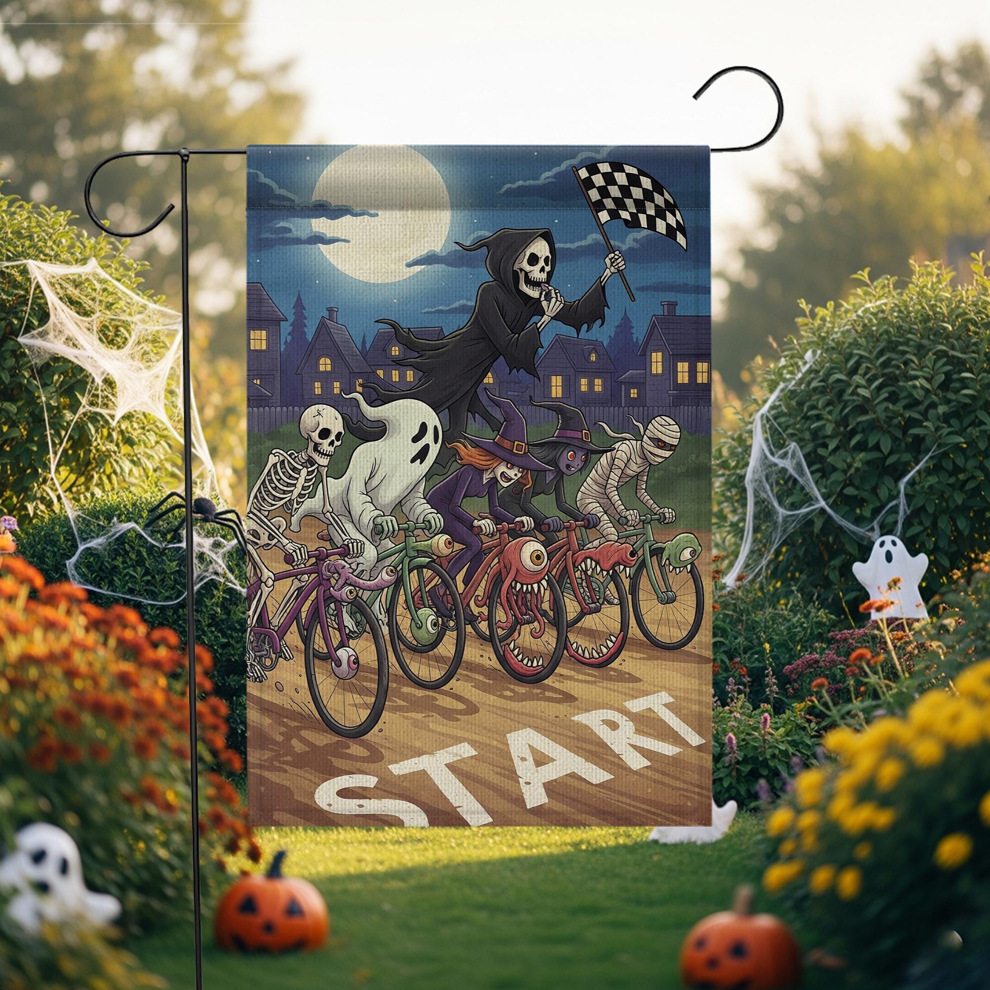 Halloween Bicycle Race Flag – Spooky Skeleton Ghost Witch Monster Bike Racing Garden Flag, Funny Outdoor Halloween Decor