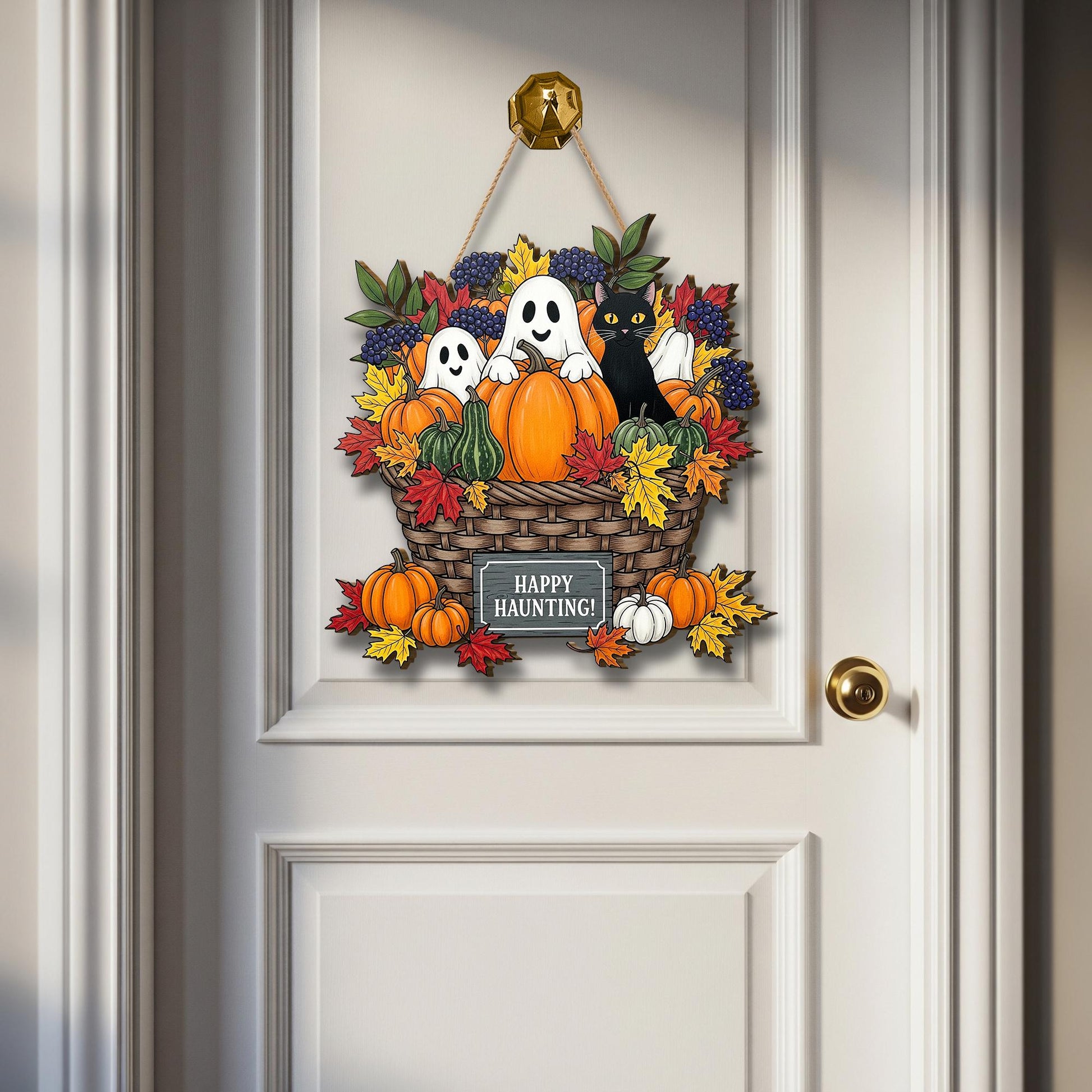 Happy Haunting Wooden Door Sign – Halloween Ghost Pumpkin Black Cat Fall Basket Wall Decor, Autumn Porch Welcome Sign