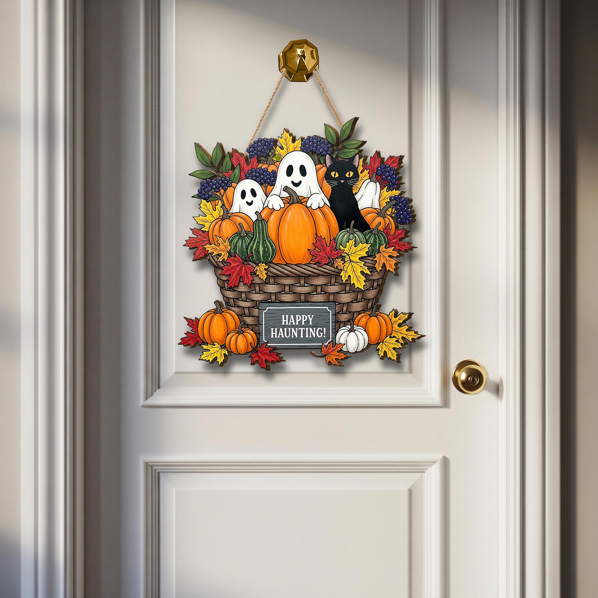 Happy Haunting Wooden Door Sign – Halloween Ghost Pumpkin Black Cat Fall Basket Wall Decor, Autumn Porch Welcome Sign