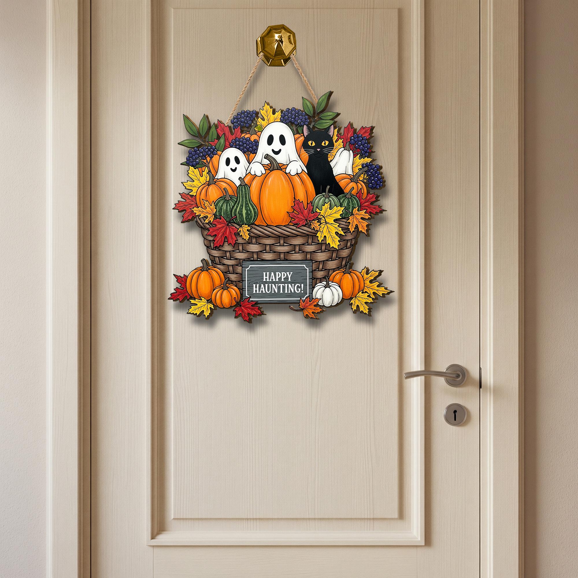 Happy Haunting Wooden Door Sign – Halloween Ghost Pumpkin Black Cat Fall Basket Wall Decor, Autumn Porch Welcome Sign