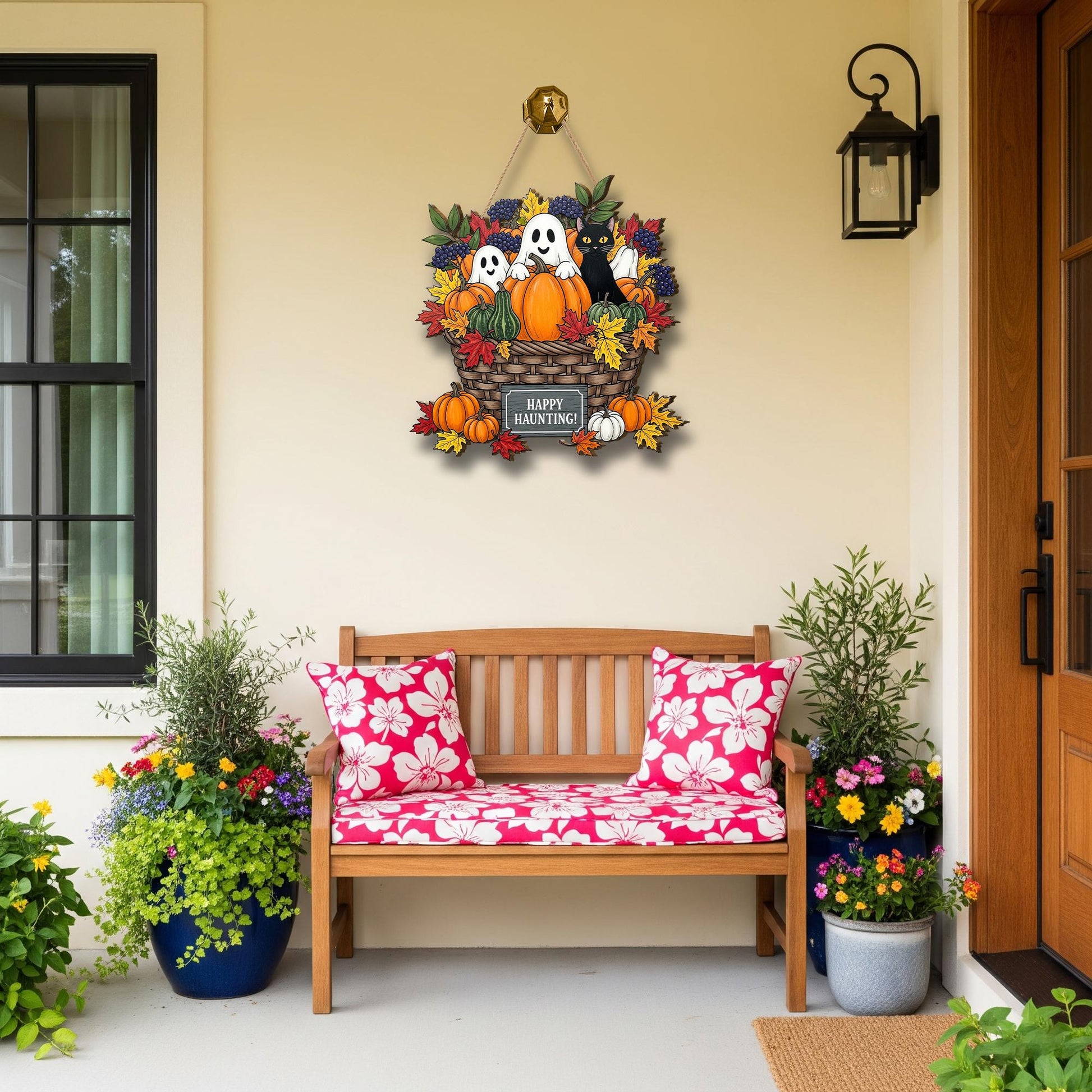 Happy Haunting Wooden Door Sign – Halloween Ghost Pumpkin Black Cat Fall Basket Wall Decor, Autumn Porch Welcome Sign