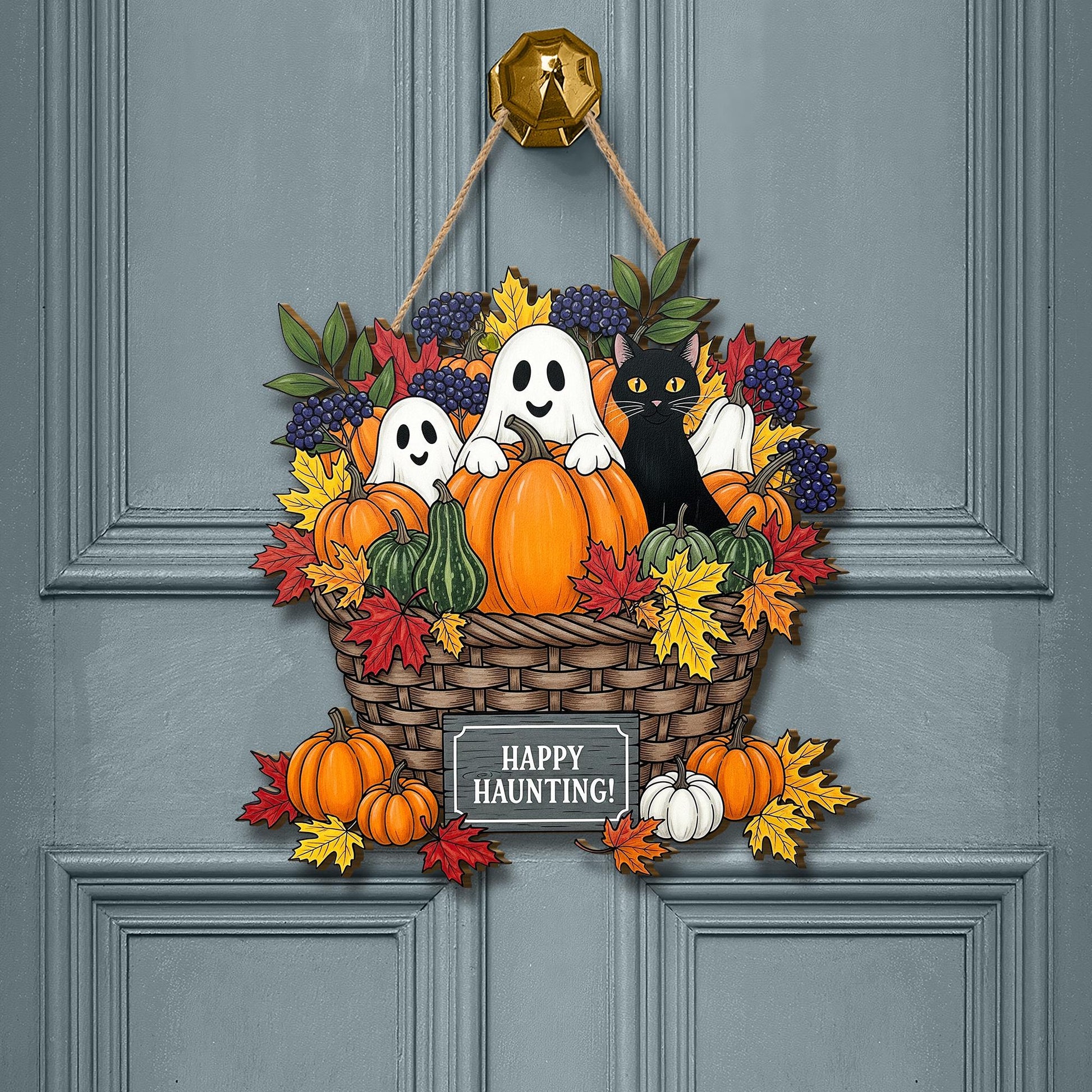 Happy Haunting Wooden Door Sign – Halloween Ghost Pumpkin Black Cat Fall Basket Wall Decor, Autumn Porch Welcome Sign