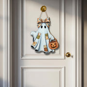 Cute Ghost Wooden Door Sign – Halloween Porch Wall Hanging, Rustic Trick or Treat Ghost with Pumpkin Candy Bucket