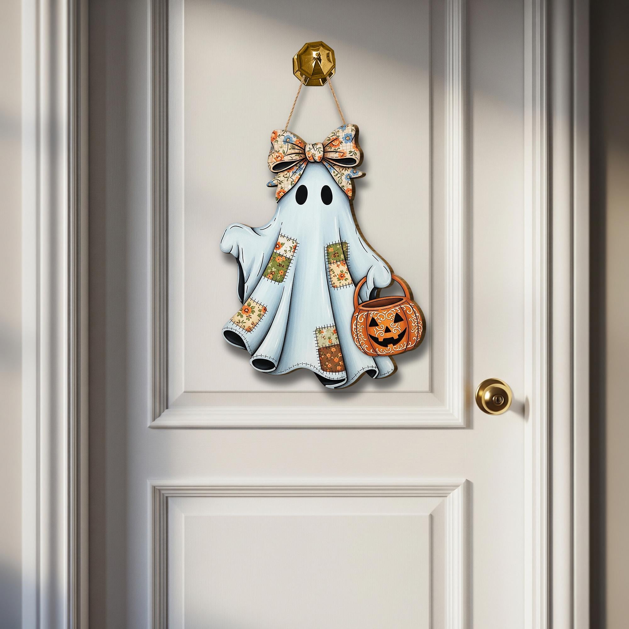 Cute Ghost Wooden Door Sign – Halloween Porch Wall Hanging, Rustic Trick or Treat Ghost with Pumpkin Candy Bucket