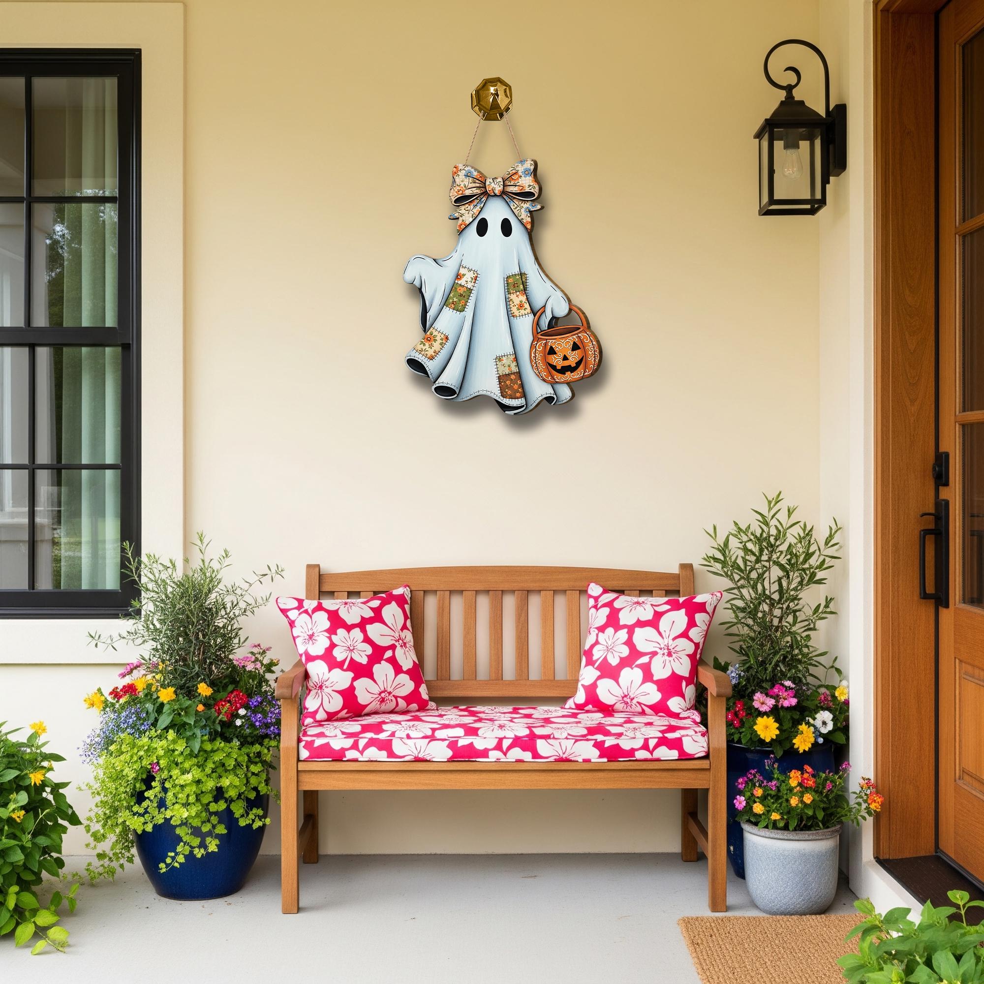 Cute Ghost Wooden Door Sign – Halloween Porch Wall Hanging, Rustic Trick or Treat Ghost with Pumpkin Candy Bucket