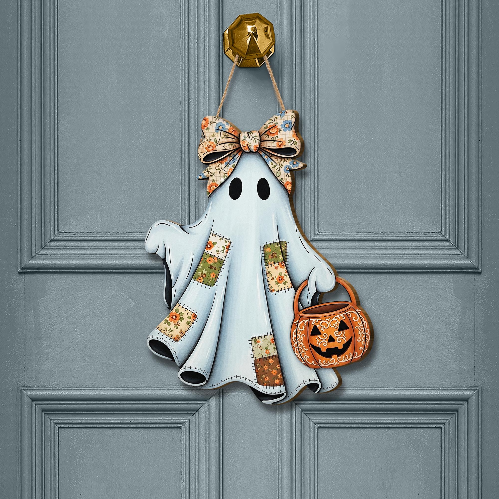 Cute Ghost Wooden Door Sign – Halloween Porch Wall Hanging, Rustic Trick or Treat Ghost with Pumpkin Candy Bucket