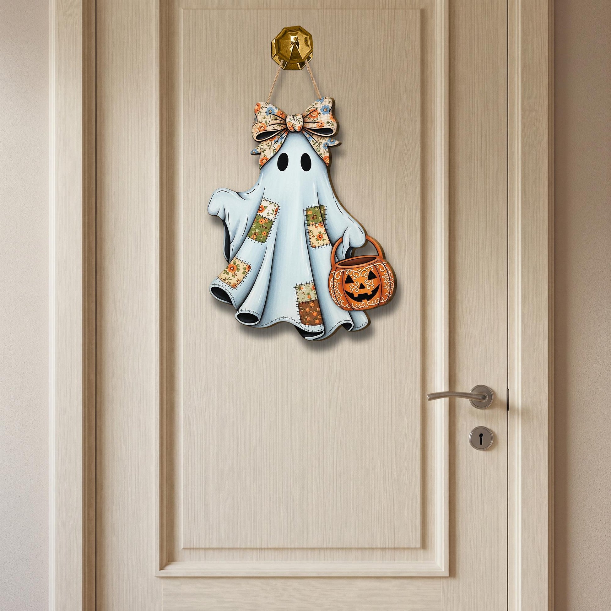 Cute Ghost Wooden Door Sign – Halloween Porch Wall Hanging, Rustic Trick or Treat Ghost with Pumpkin Candy Bucket