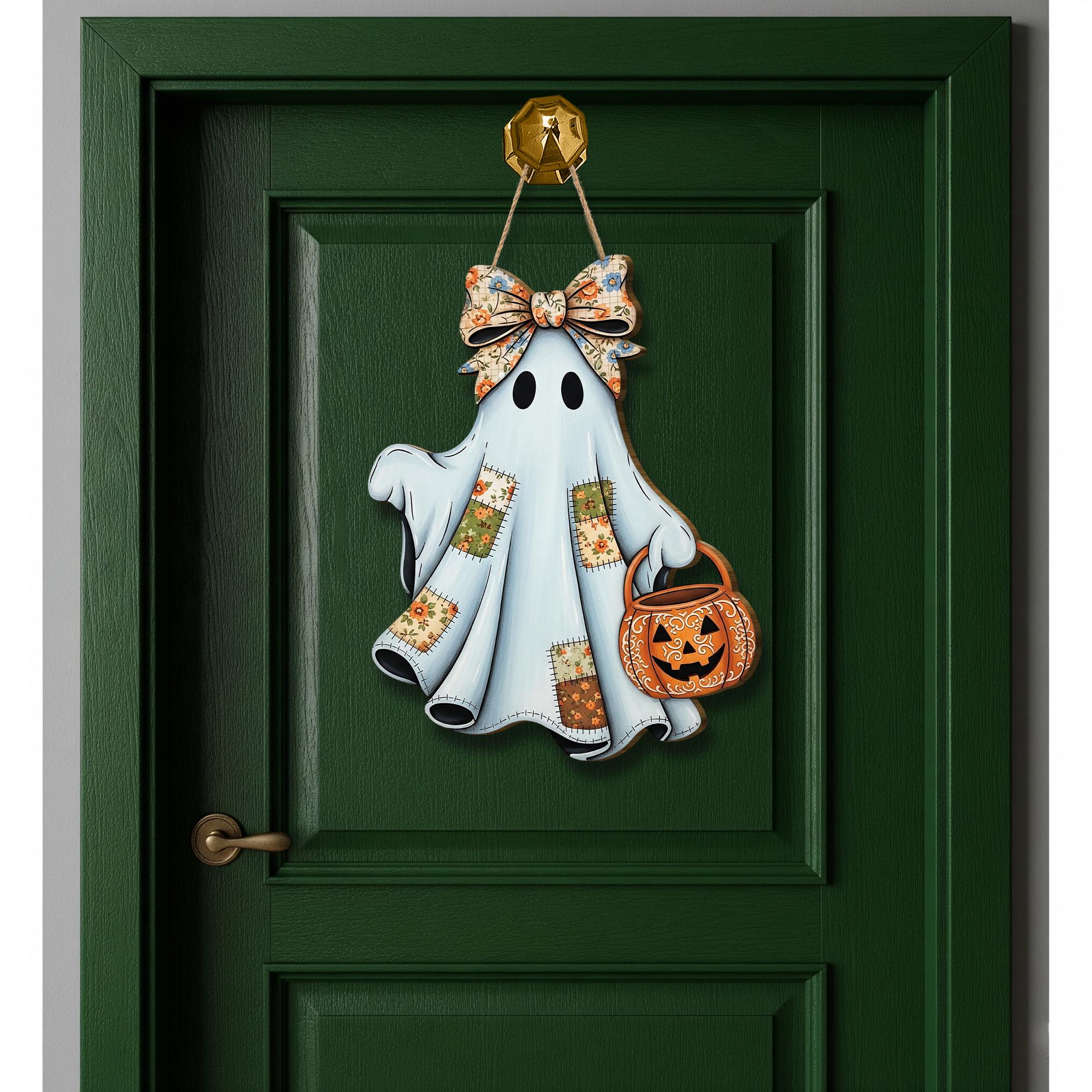 Cute Ghost Wooden Door Sign – Halloween Porch Wall Hanging, Rustic Trick or Treat Ghost with Pumpkin Candy Bucket
