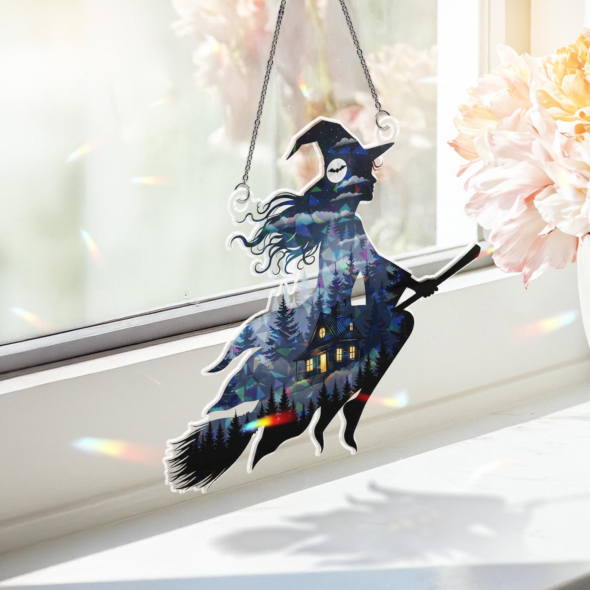Witch Suncatcher with Cabin and Forest | Halloween Window Hanging Decor | Stained Glass Style Witch Ornament Gift for Spooky Lovers