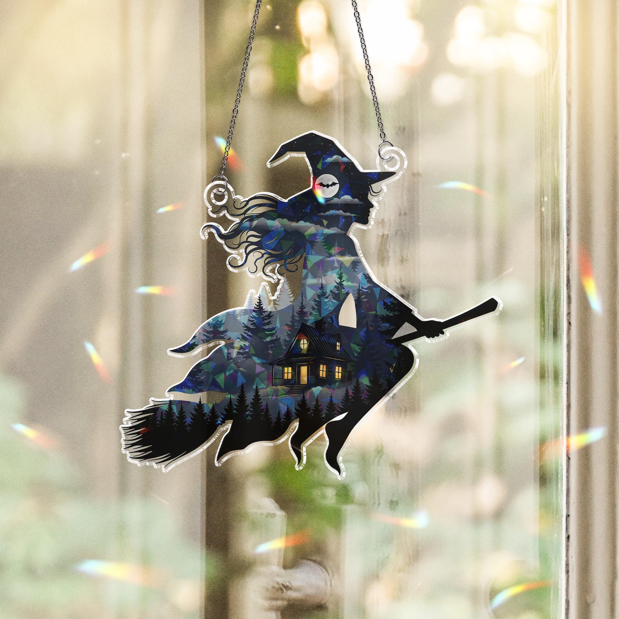Witch Suncatcher with Cabin and Forest | Halloween Window Hanging Decor | Stained Glass Style Witch Ornament Gift for Spooky Lovers