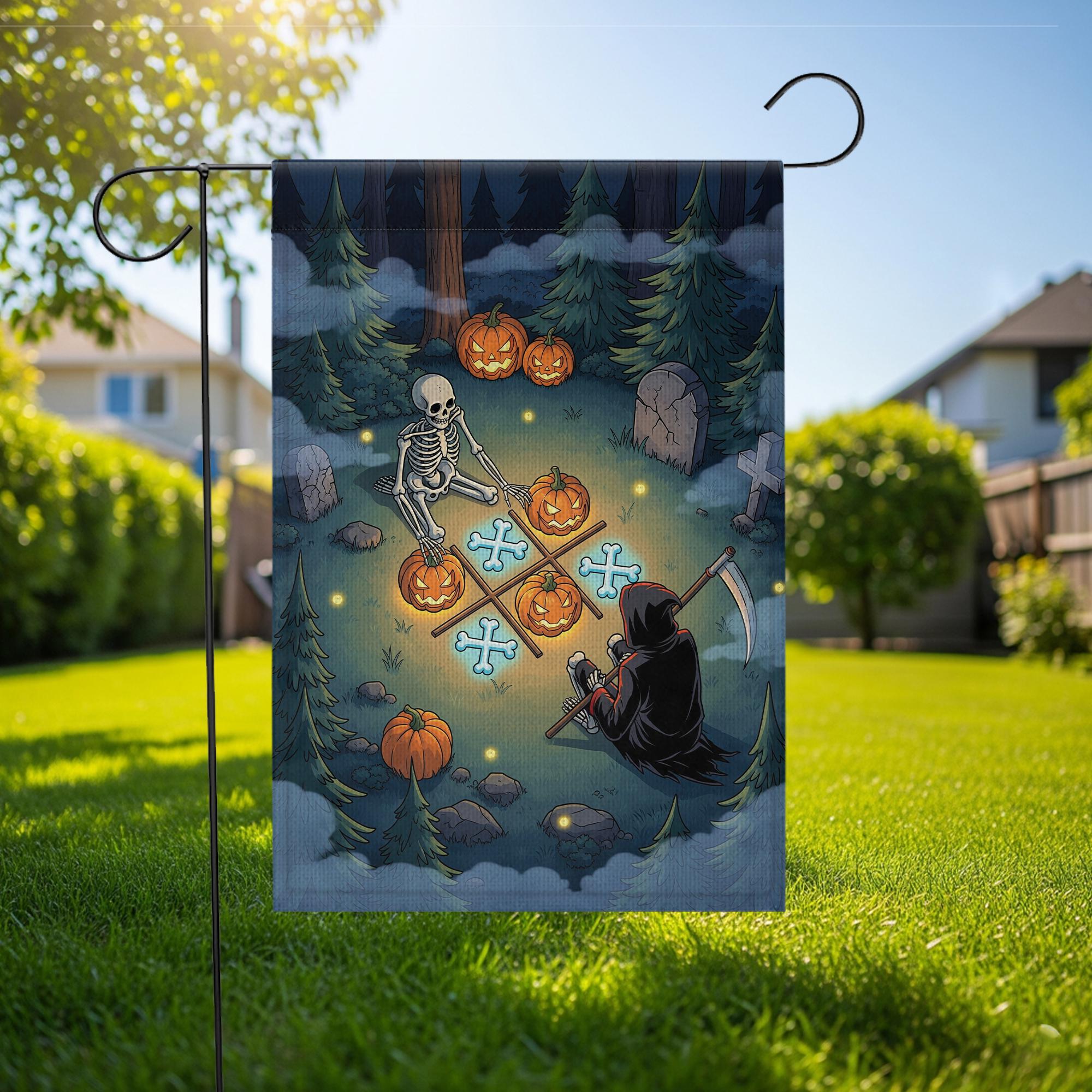 Halloween Garden Flag Grim Reaper & Skeleton | Funny Spooky Yard Decor | Fall Outdoor Graveyard Scene with Pumpkins