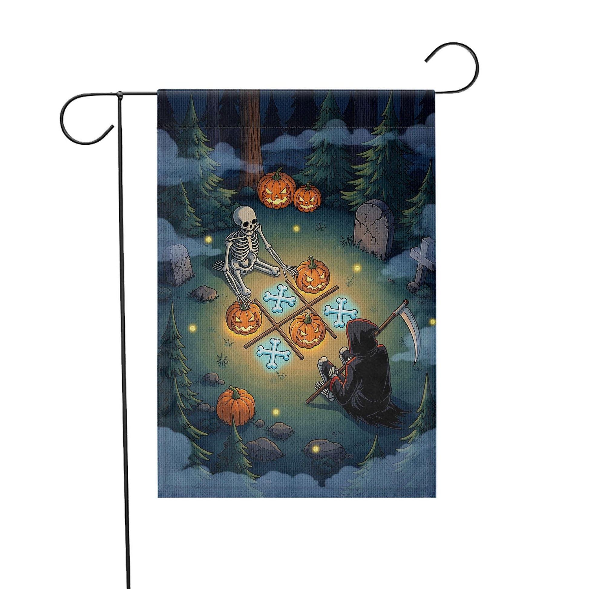 Halloween Garden Flag Grim Reaper & Skeleton | Funny Spooky Yard Decor | Fall Outdoor Graveyard Scene with Pumpkins