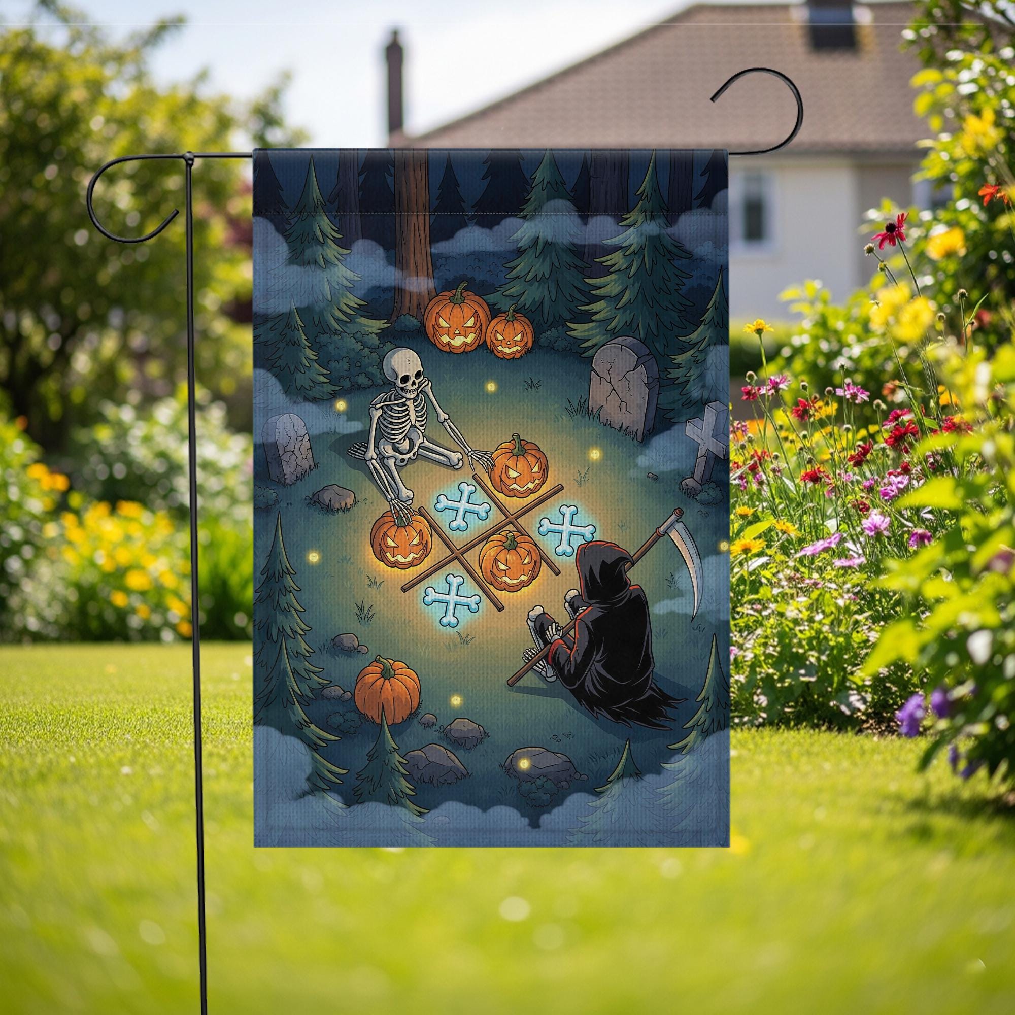 Halloween Garden Flag Grim Reaper & Skeleton | Funny Spooky Yard Decor | Fall Outdoor Graveyard Scene with Pumpkins