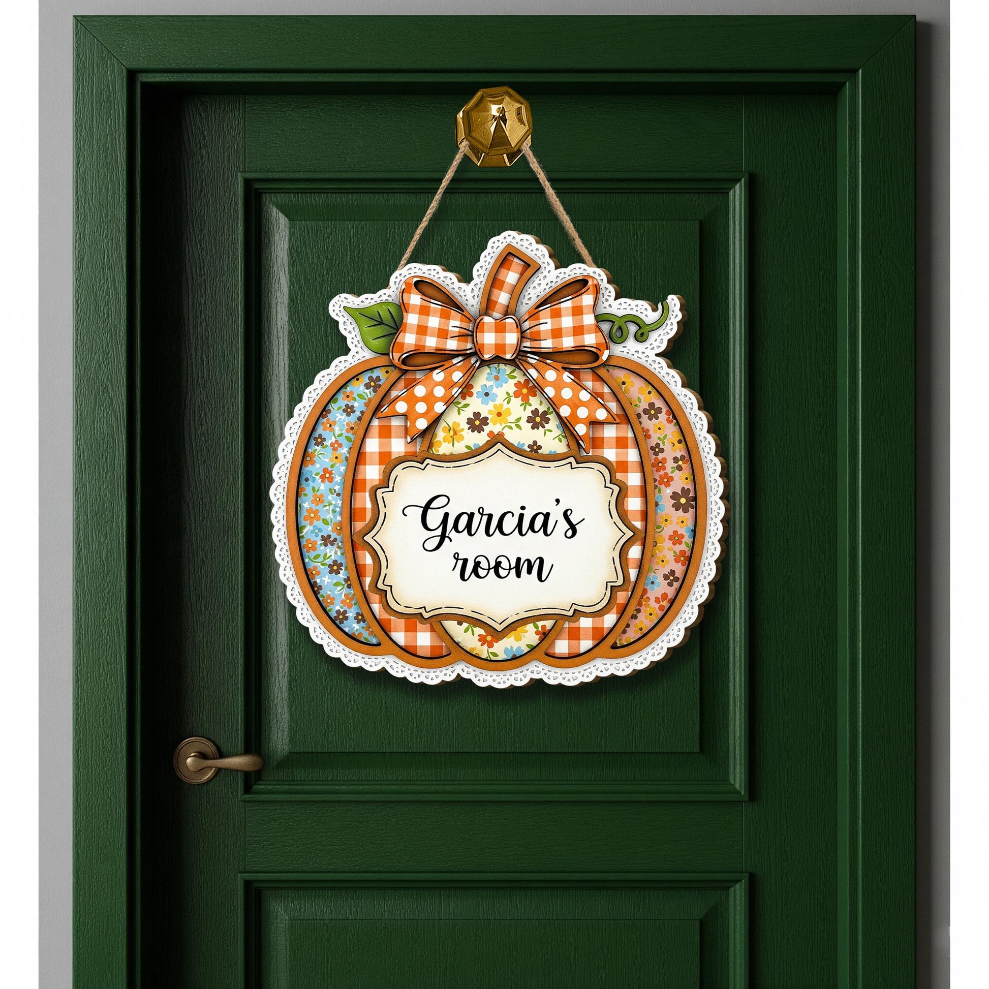 Custom Pumpkin Room Sign – Personalized Fall Wooden Door Hanging, Autumn Plaid Bow Room Name Sign for Home or Kids Room