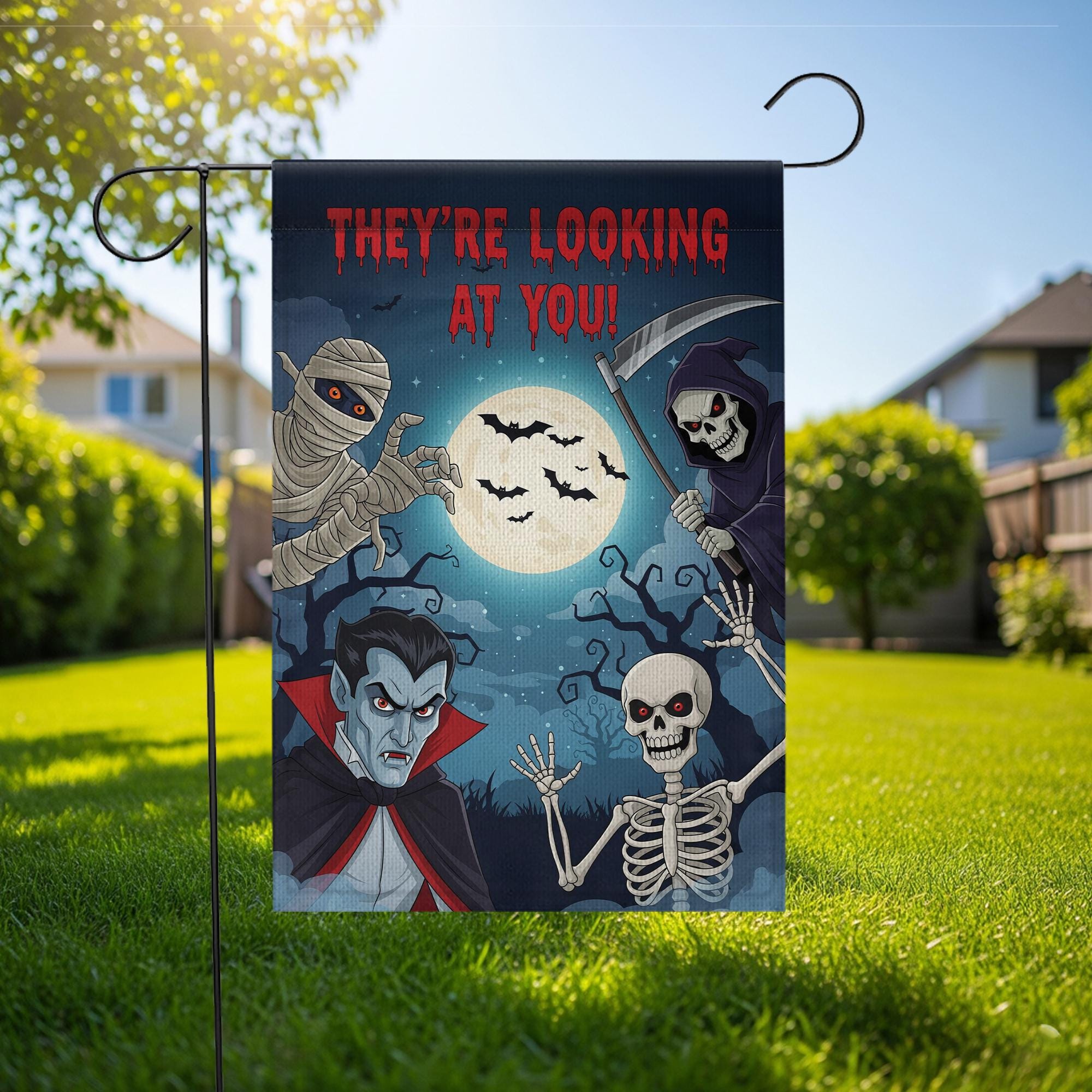 Halloween Garden Flag with Vampire Skeleton Grim Reaper Mummy | Spooky Outdoor Yard Decor
