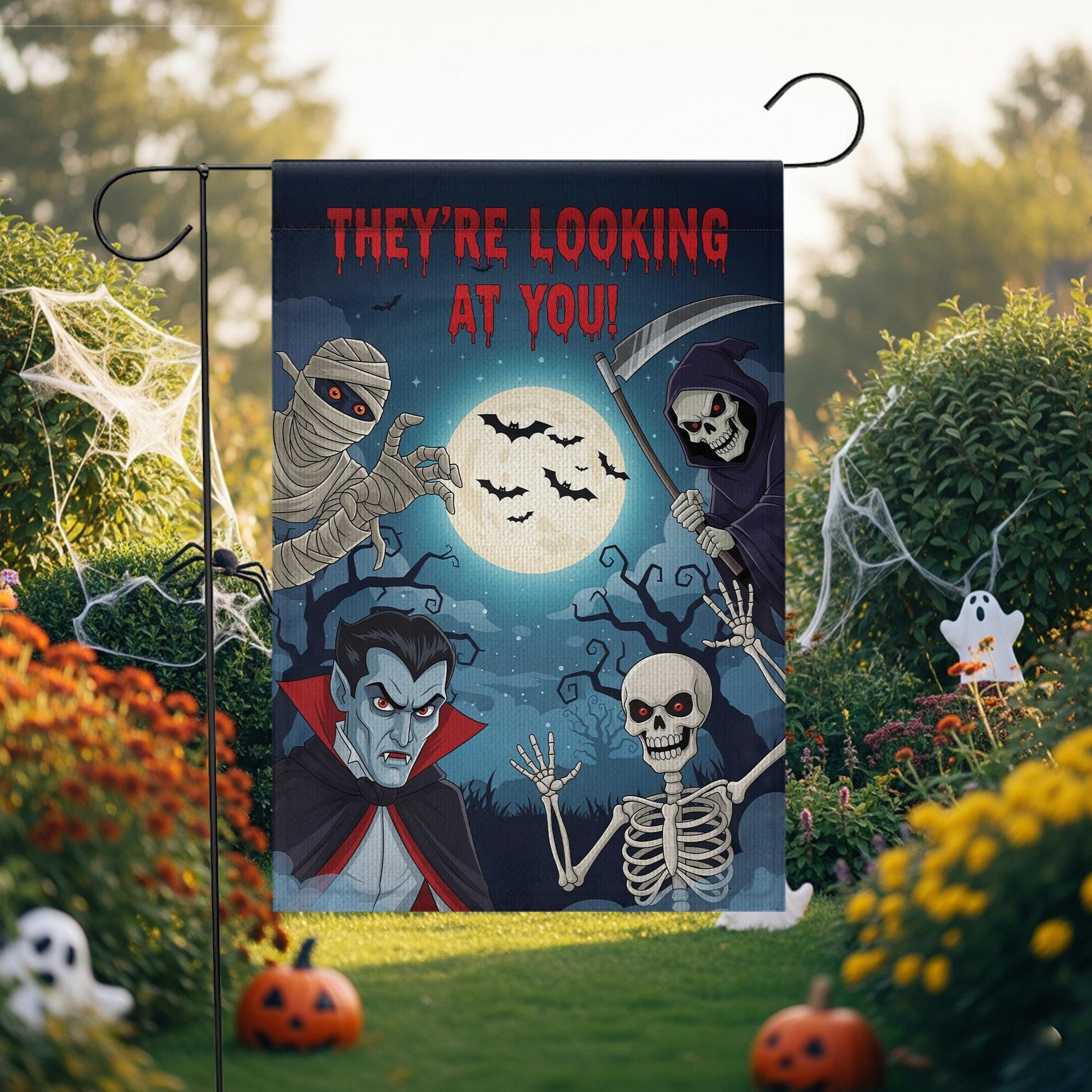 Halloween Garden Flag with Vampire Skeleton Grim Reaper Mummy | Spooky Outdoor Yard Decor