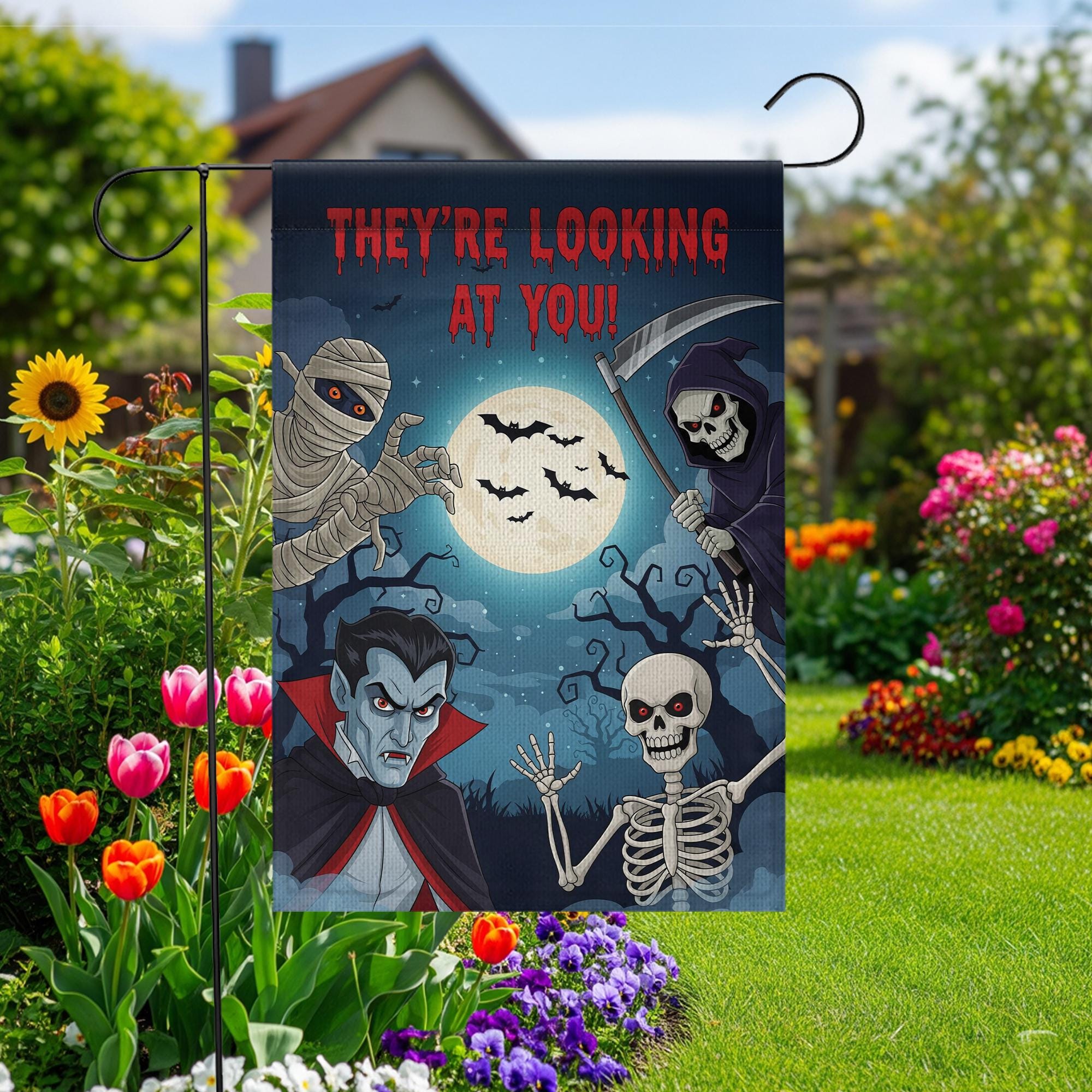 Halloween Garden Flag with Vampire Skeleton Grim Reaper Mummy | Spooky Outdoor Yard Decor