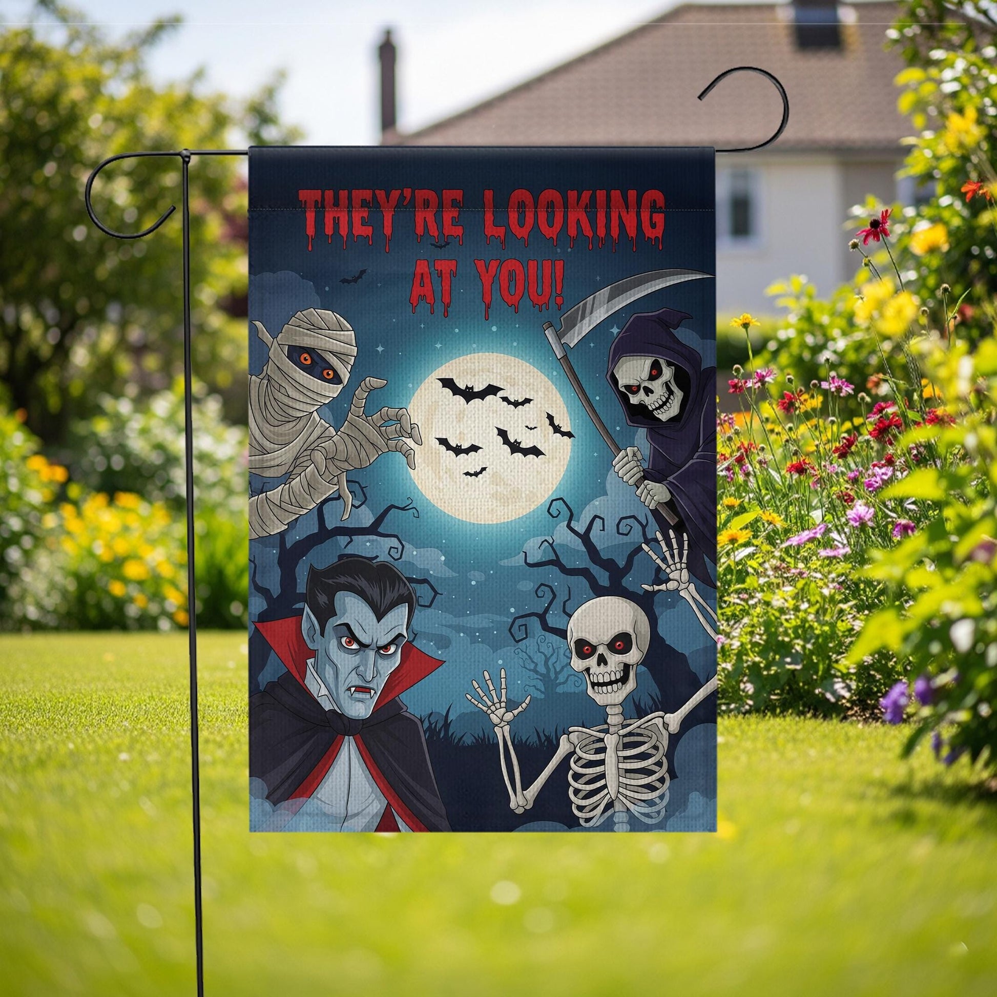 Halloween Garden Flag with Vampire Skeleton Grim Reaper Mummy | Spooky Outdoor Yard Decor