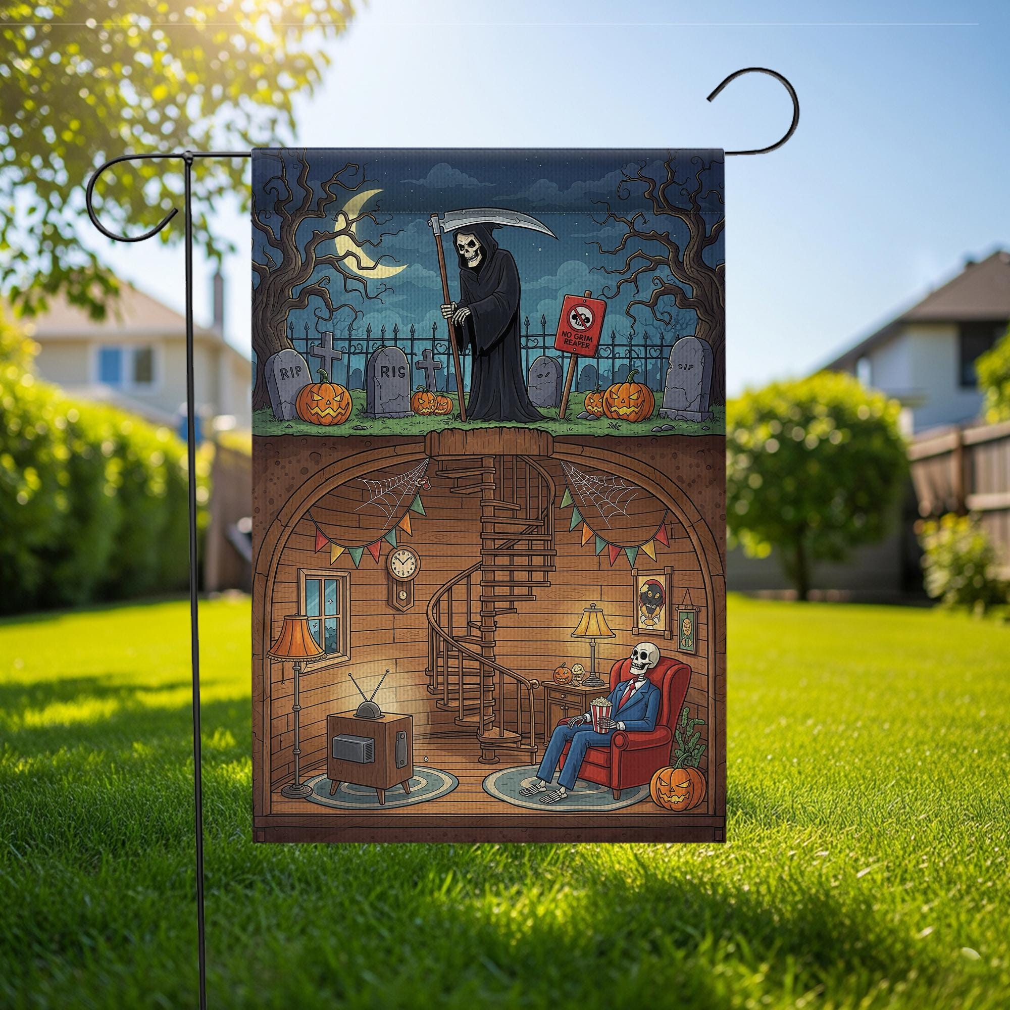 Funny Grim Reaper Halloween Garden Flag | Skeleton Basement Decor | Spooky Outdoor Yard Flag