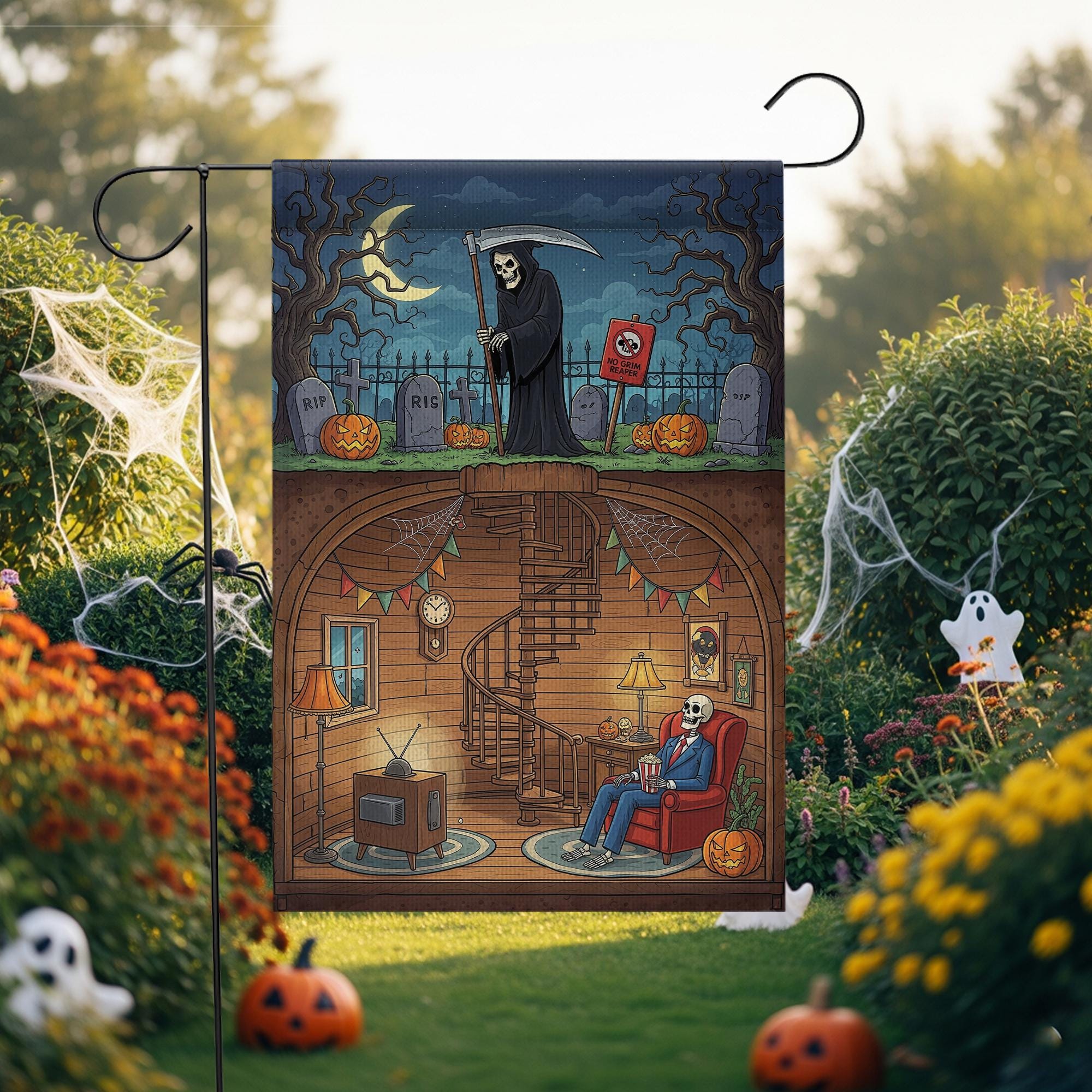 Funny Grim Reaper Halloween Garden Flag | Skeleton Basement Decor | Spooky Outdoor Yard Flag
