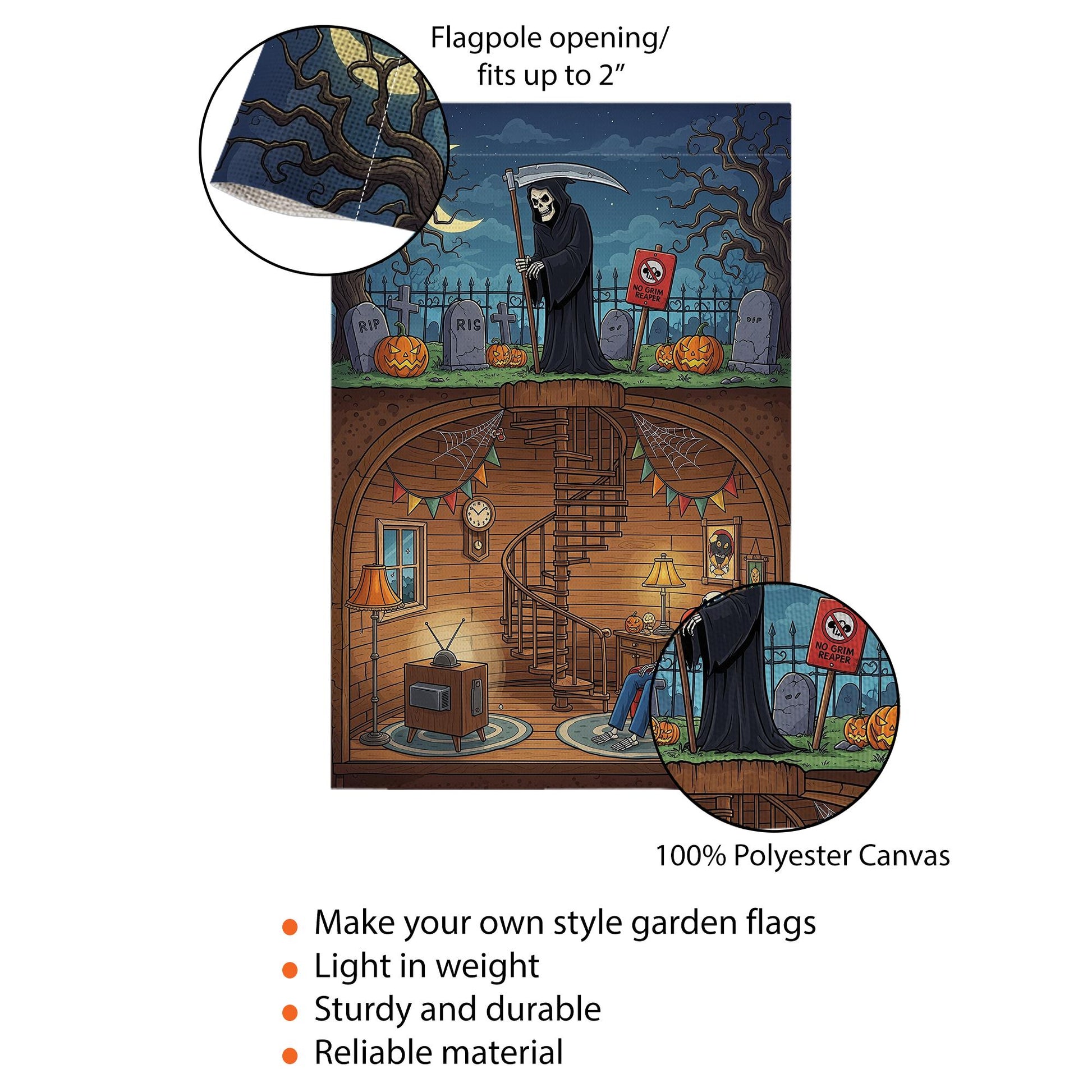 Funny Grim Reaper Halloween Garden Flag | Skeleton Basement Decor | Spooky Outdoor Yard Flag