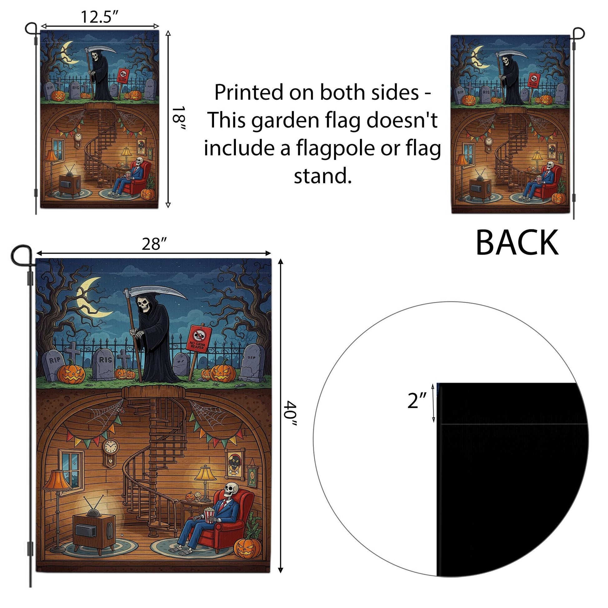 Funny Grim Reaper Halloween Garden Flag | Skeleton Basement Decor | Spooky Outdoor Yard Flag