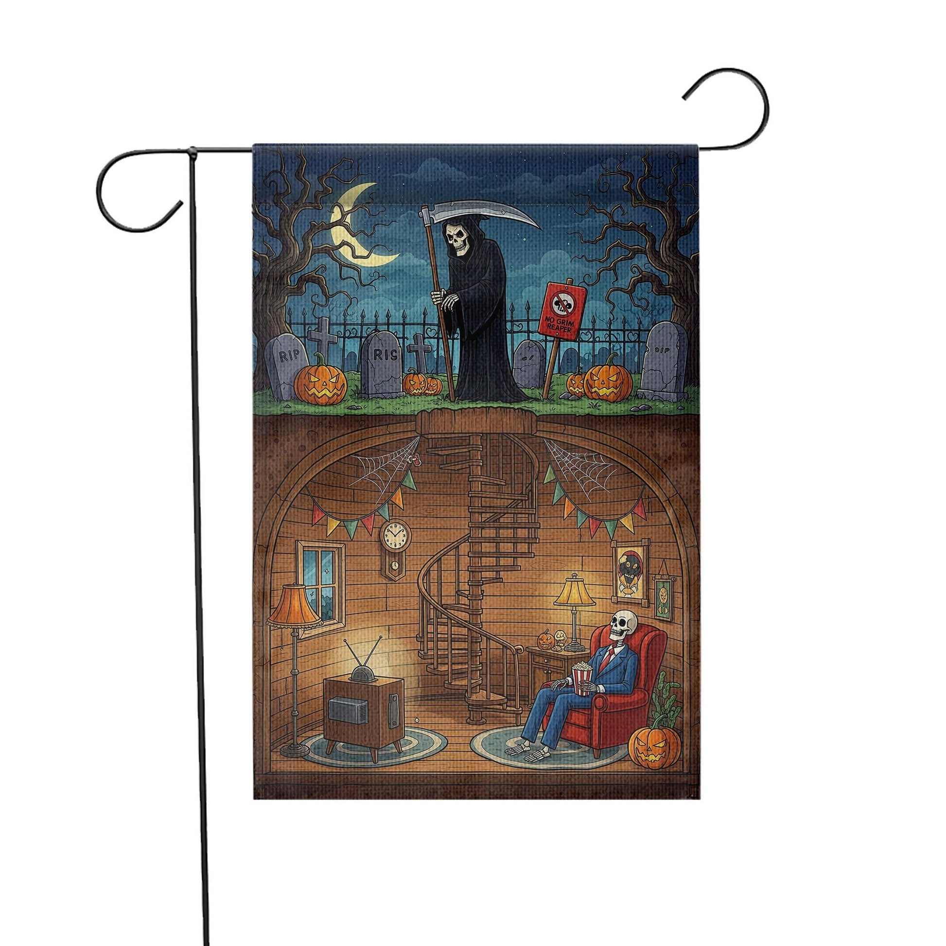 Funny Grim Reaper Halloween Garden Flag | Skeleton Basement Decor | Spooky Outdoor Yard Flag