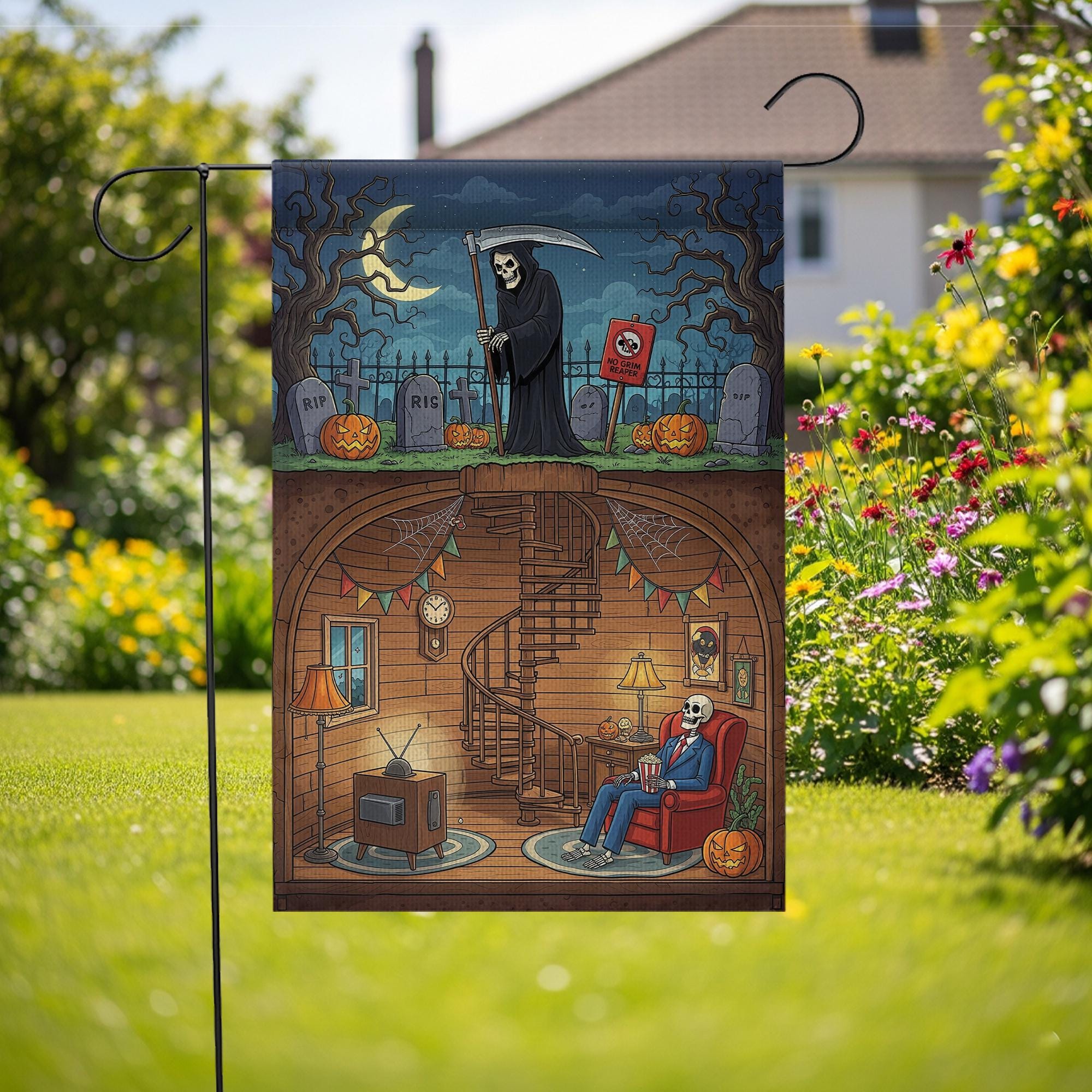Funny Grim Reaper Halloween Garden Flag | Skeleton Basement Decor | Spooky Outdoor Yard Flag
