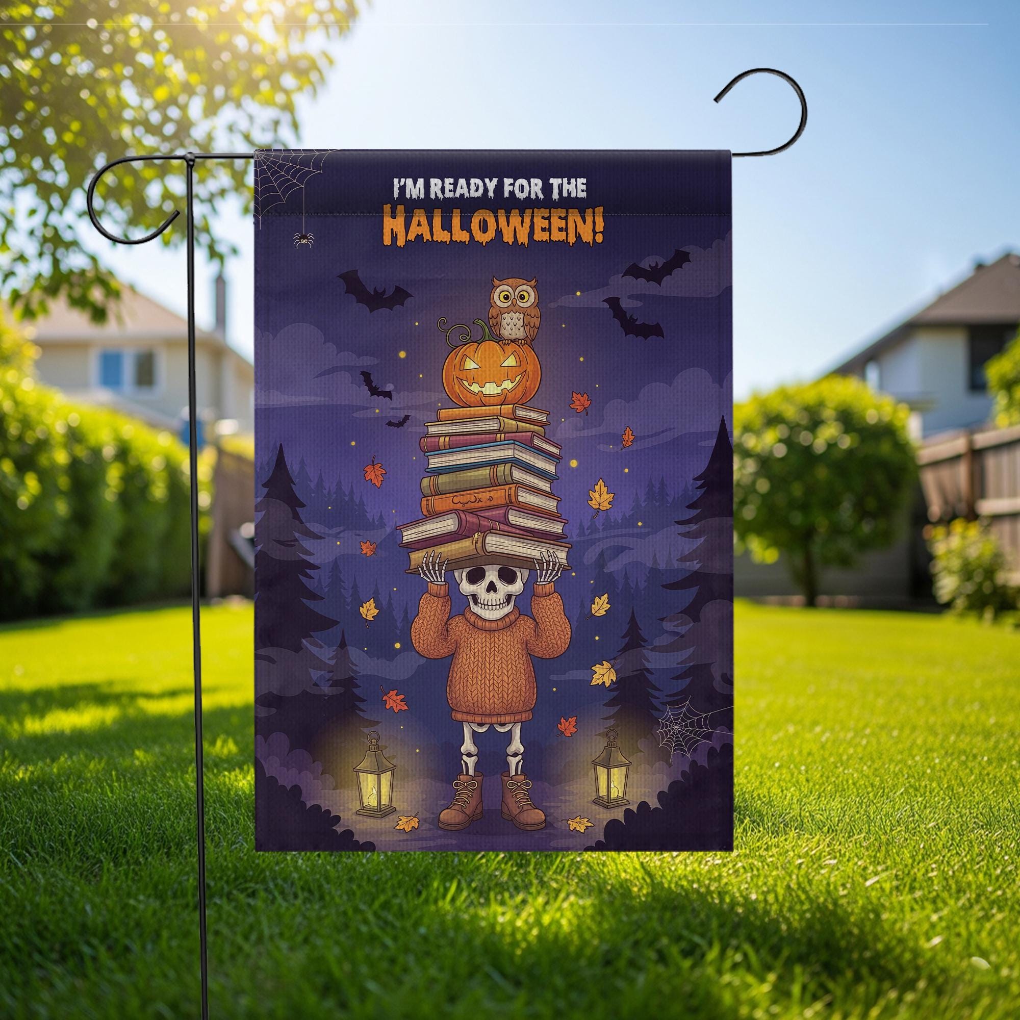 Cute Skeleton Halloween Garden Flag | Pumpkin Owl Book Stack Fall Yard Decor | Spooky Autumn Banner