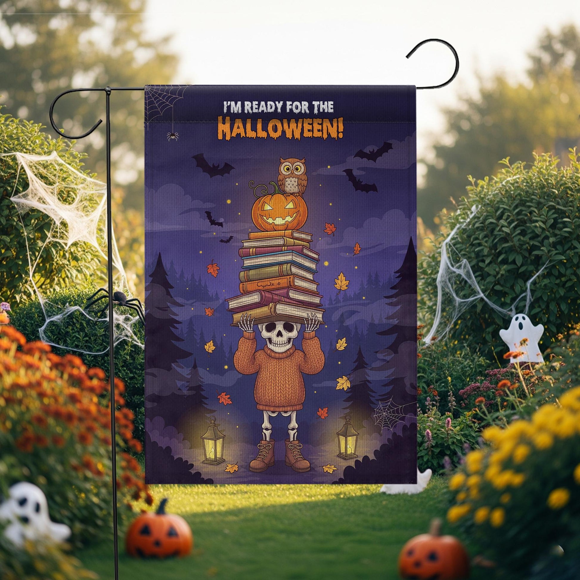 Cute Skeleton Halloween Garden Flag | Pumpkin Owl Book Stack Fall Yard Decor | Spooky Autumn Banner