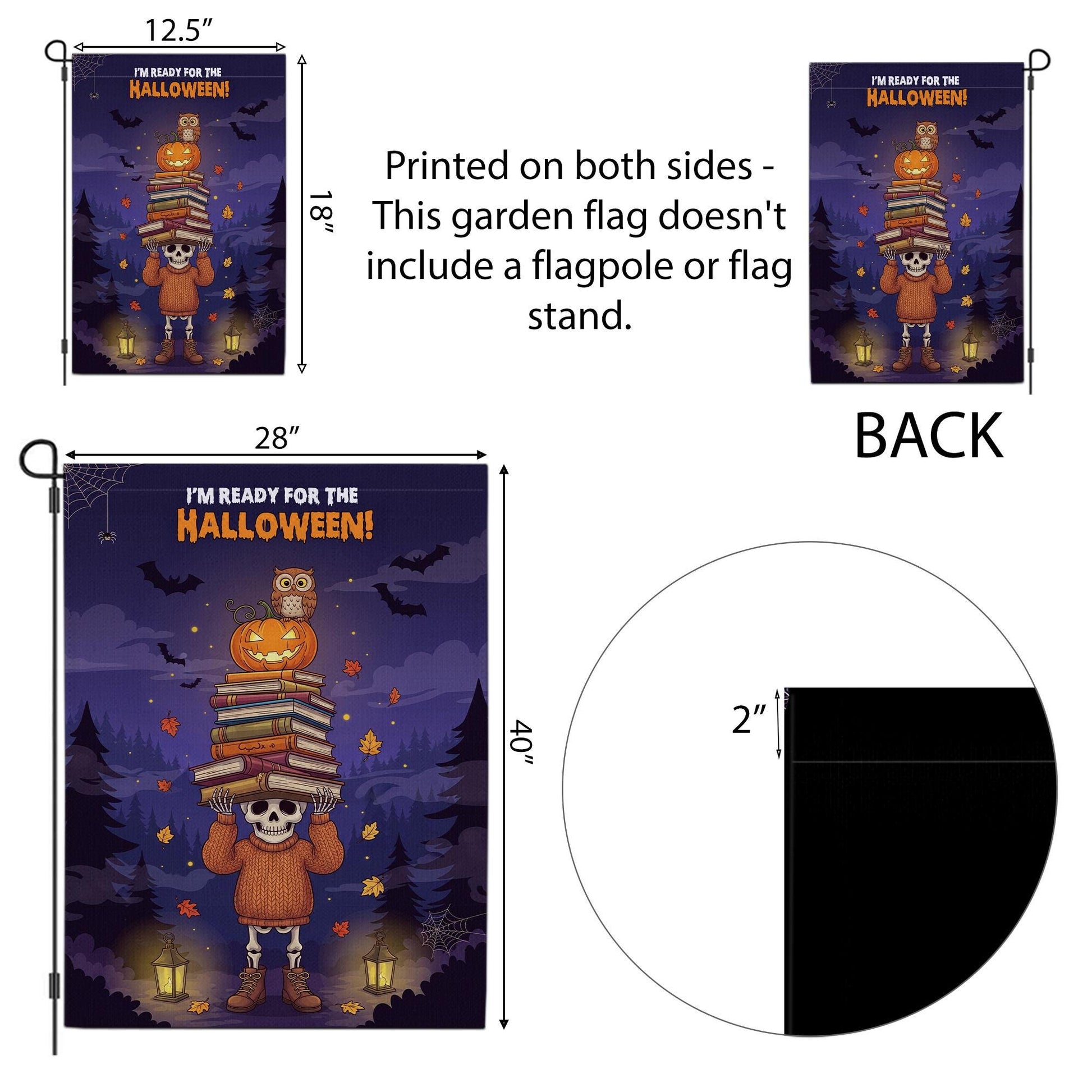 Cute Skeleton Halloween Garden Flag | Pumpkin Owl Book Stack Fall Yard Decor | Spooky Autumn Banner